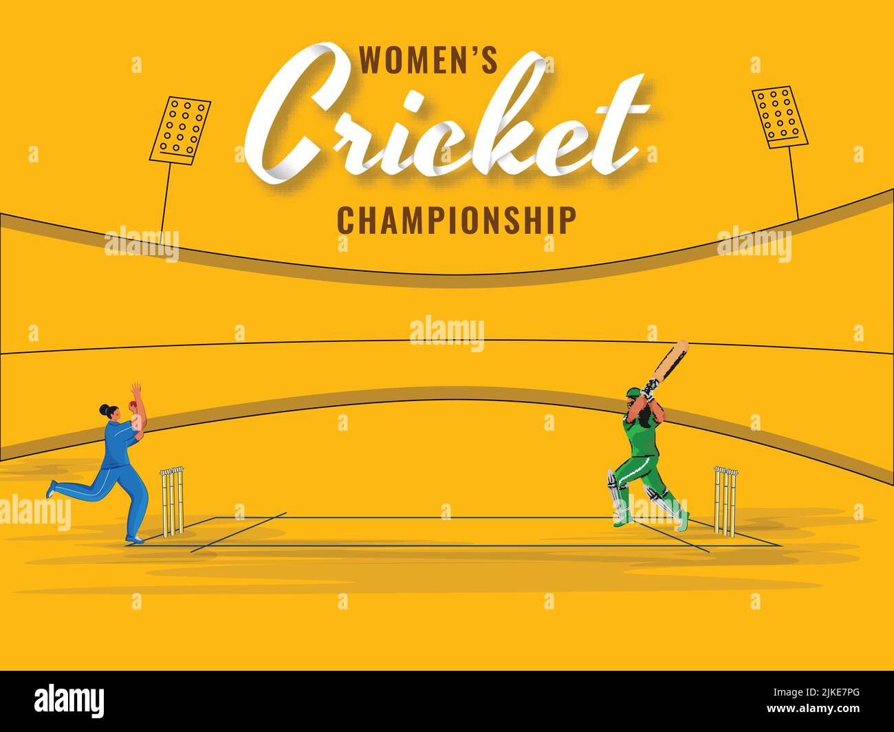 Frauen Cricket Match zwischen Indien gegen Pakistan und Bowler Wurf Ball zu Batter Player auf Orange Playground. Stock Vektor