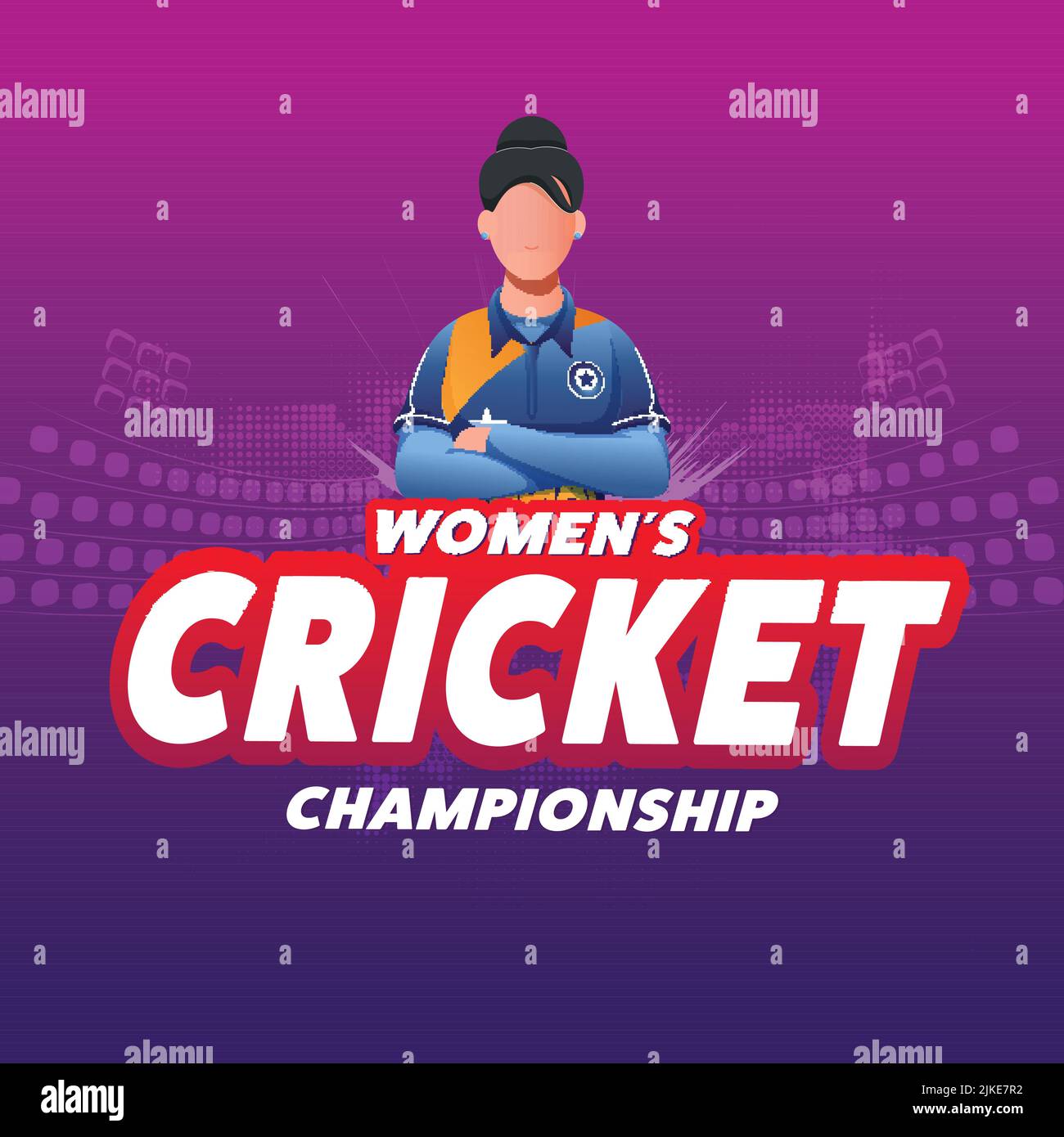 Sticker Style Frauen Cricket Championship Font mit Indien weibliche Cricketspieler auf rosa und lila Halbton Hintergrund. Stock Vektor