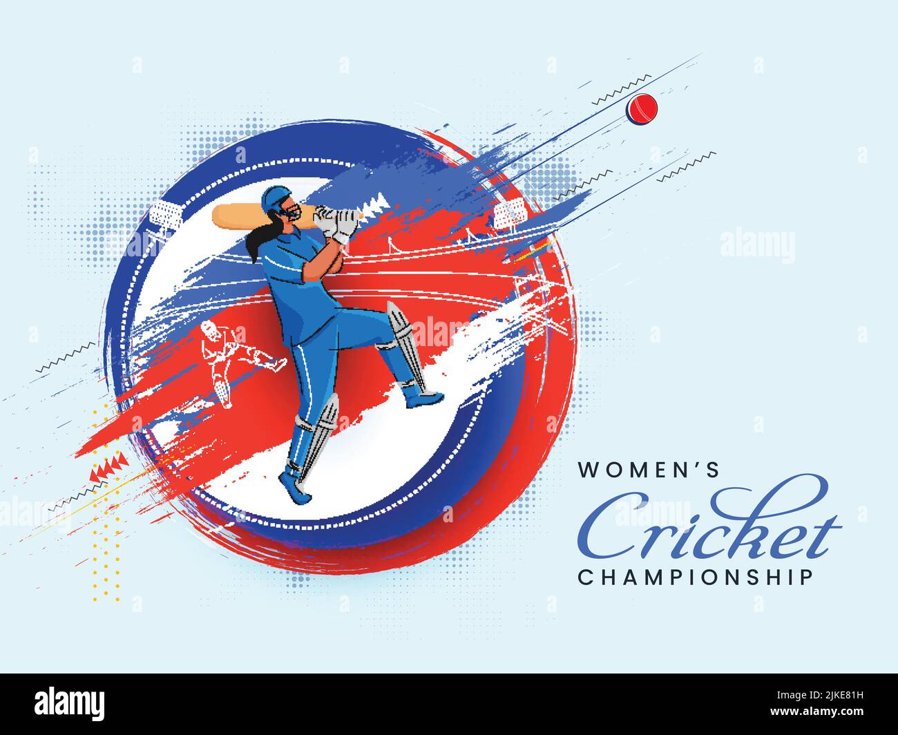 Women's Cricket Championship Concept mit India Female Batter Player und farbenfrohem Pinselstreich auf blauem Hintergrund. Stock Vektor