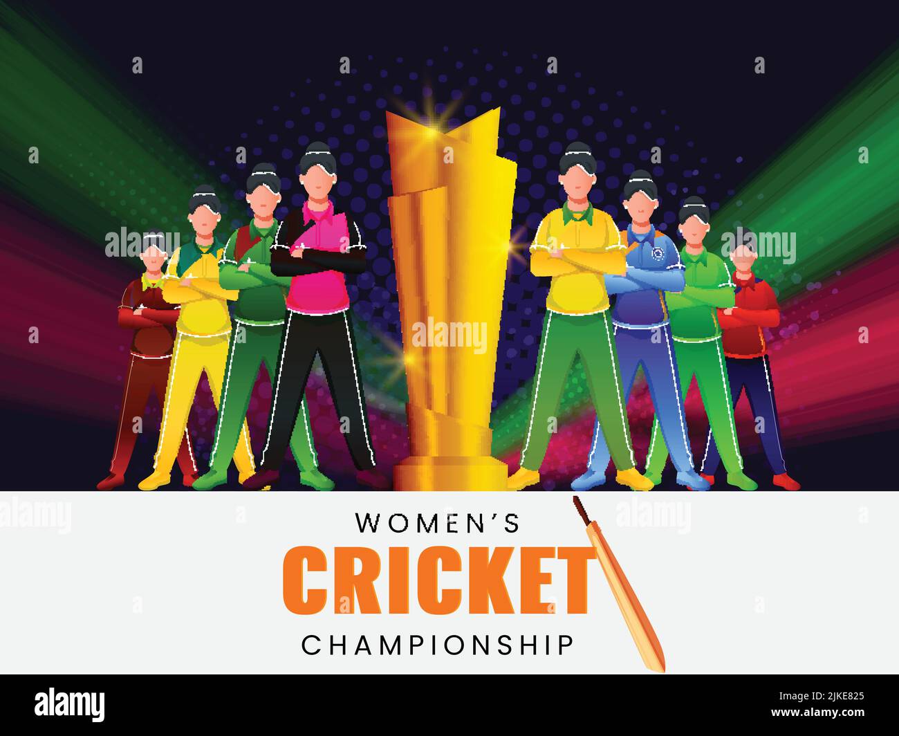 Frauen Cricket Player Team der teilnehmenden Länder mit Gewinner Golden Trophy Cup auf abstraktem Hintergrund. Stock Vektor