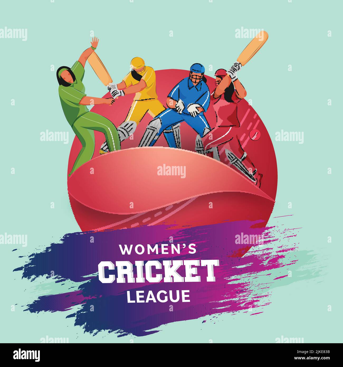 Women's Cricket League Konzept mit fünf Ländern weibliche Spieler in verschiedenen Posen und Purple Brush Effekt auf Rot und Aqua Hintergrund. Stock Vektor