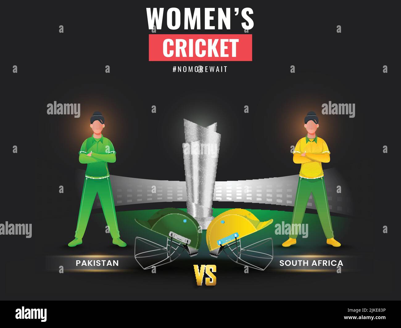 Frauen-Cricket-Match zwischen Pakistan und Südafrika mit gesichtslosen weiblichen Cricketspielerinnen und silbernem Pokal auf Playground. Stock Vektor