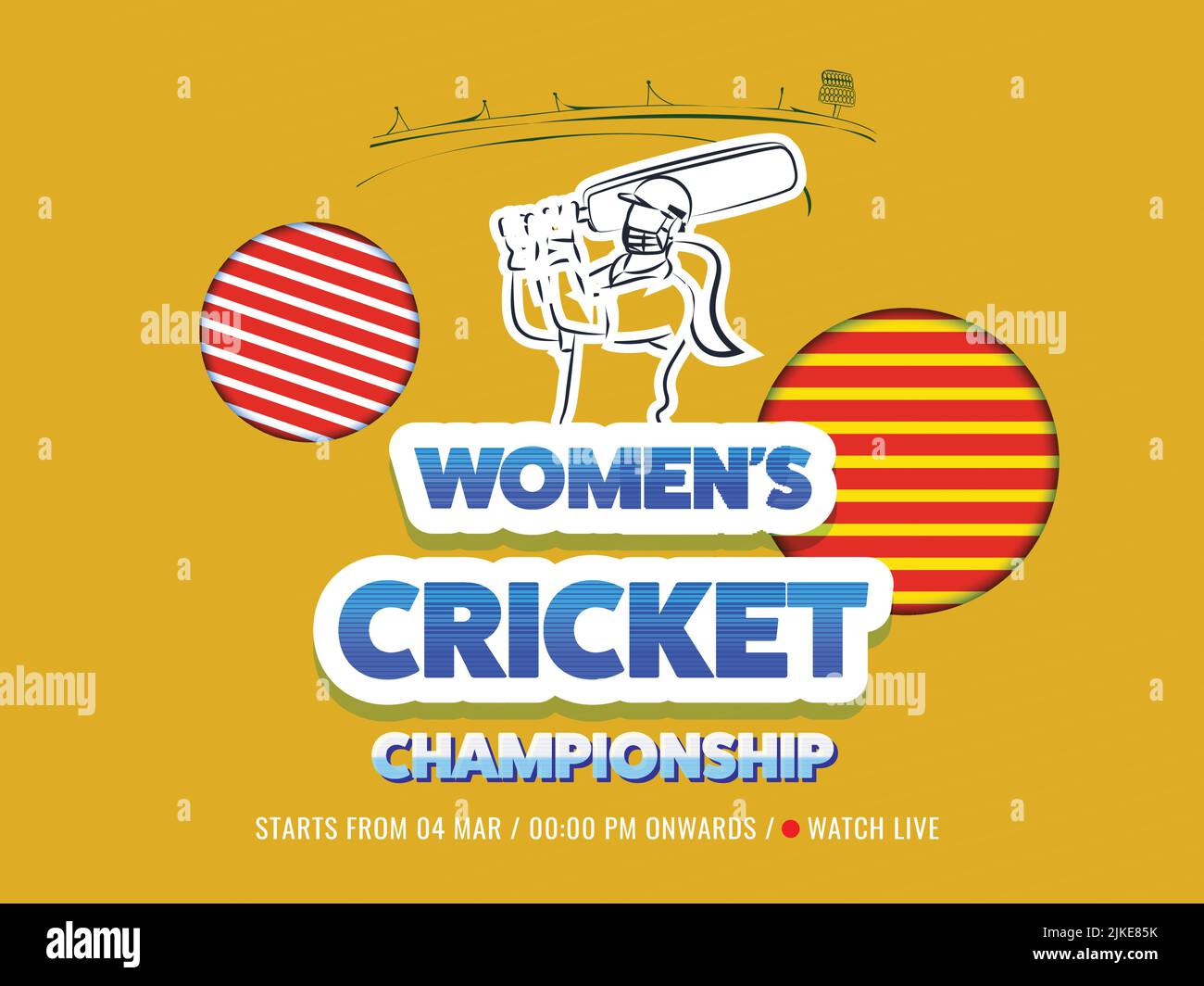 Sticker Style Frauen Cricket Championship Font mit Batter Player auf gelbem Papier geschnitten Hintergrund. Stock Vektor