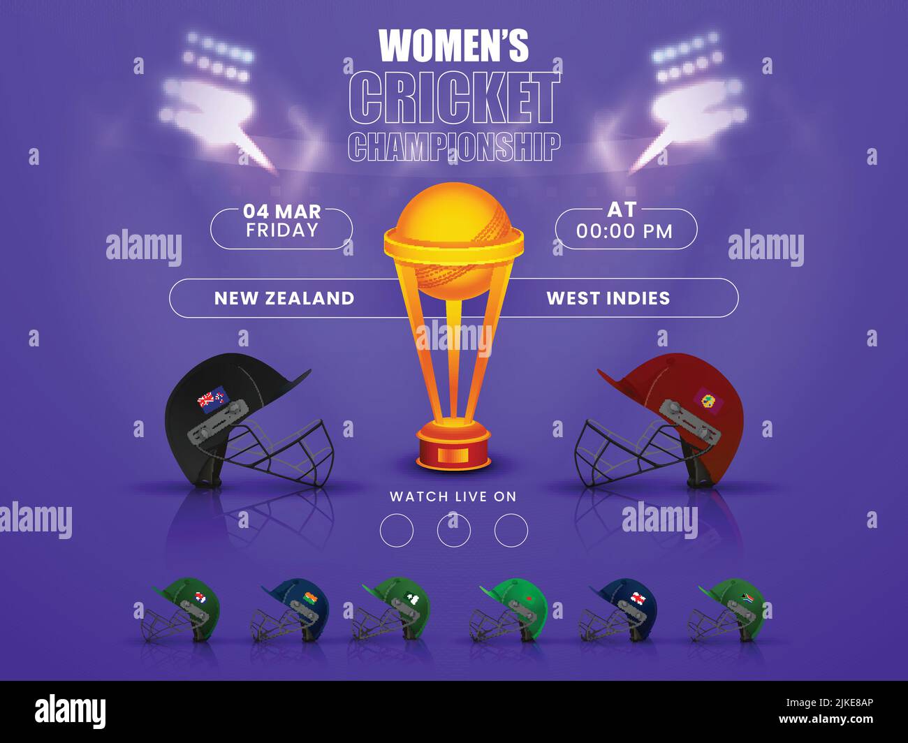 Frauen Cricket Match Teilnehmerländer Helme mit Neuseeland VS West Indies hervorgehoben und 3D Winnertrophy Cup auf Blur Stadium Lights Blue Stock Vektor