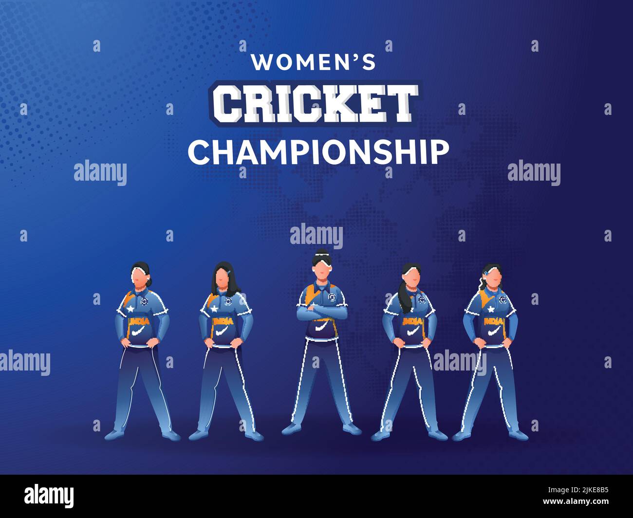 Schriftart der Cricket Championship für Frauen mit dem gesichtslosen indischen Cricketteam auf blauem Hintergrund. Stock Vektor