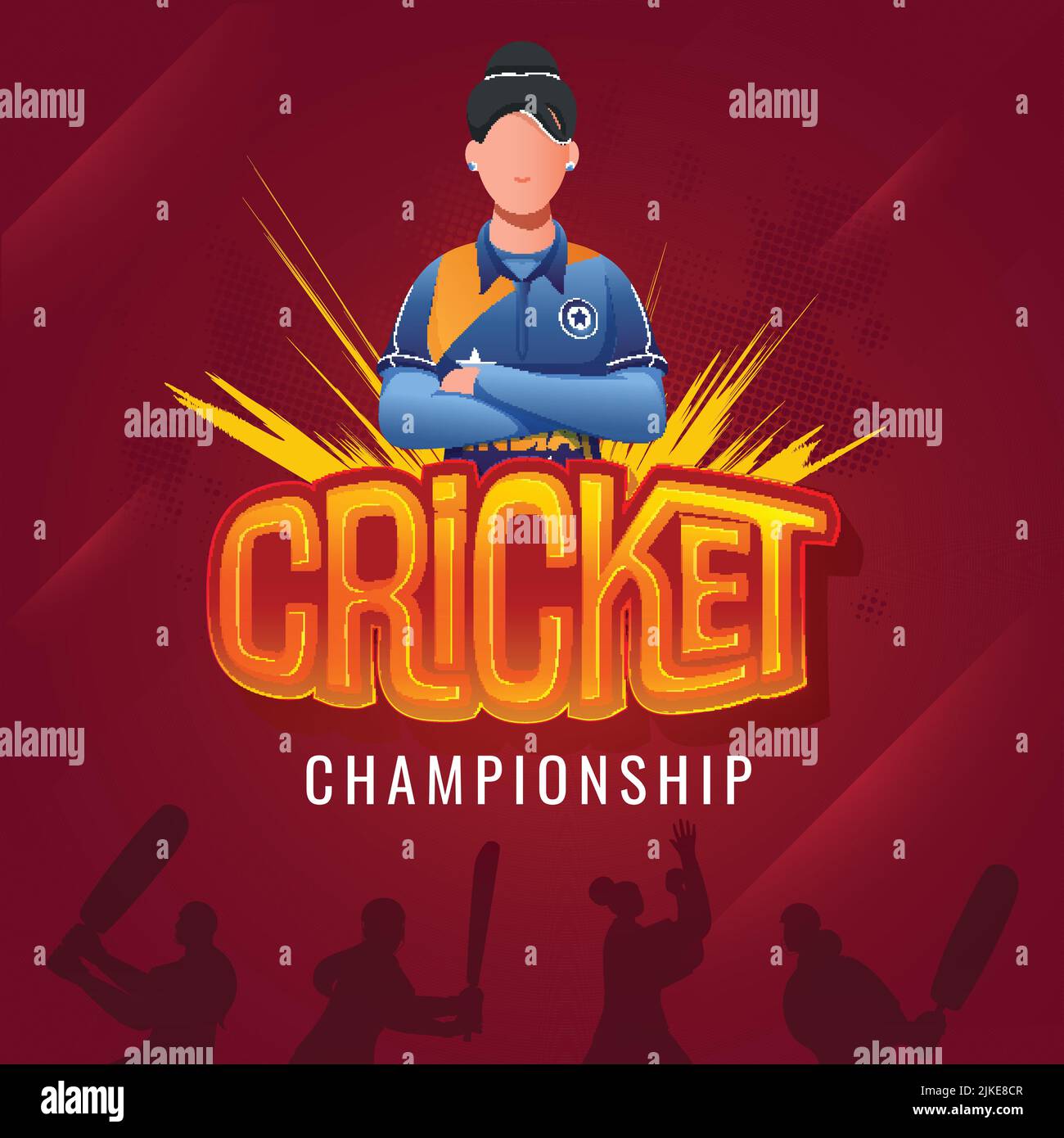 Cricket Championship-Konzept Mit Indien Weibliche Cricketspieler Auf Red Halftone-Effekt Hintergrund. Stock Vektor