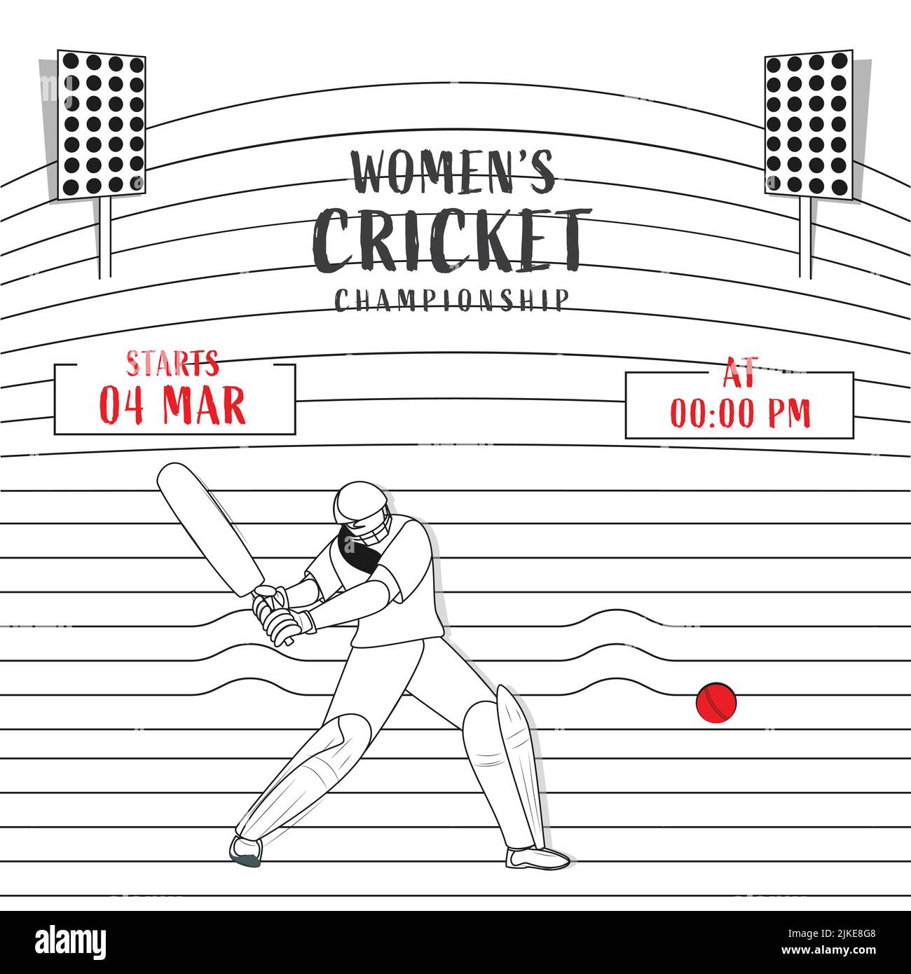 Women's Cricket Championship Konzept mit Linear Style weiblichen Batter Player und Stadium Lights auf White Stripes Hintergrund. Stock Vektor