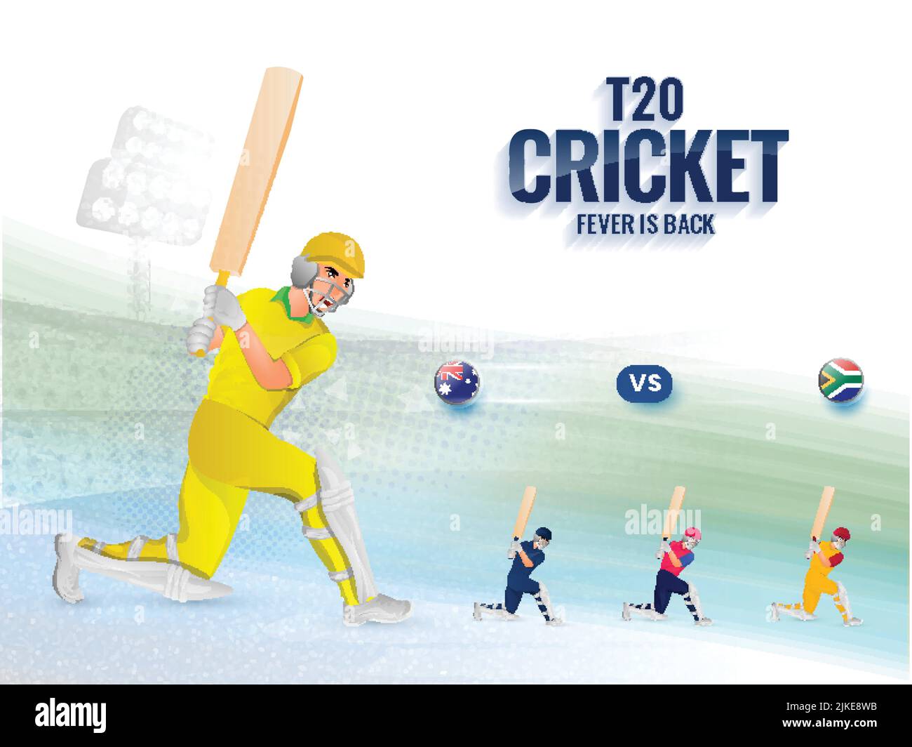 T20 Cricket Fever is Back Konzept mit Batter Spielern aus teilnehmenden Ländern auf Abstract Stadium View. Stock Vektor