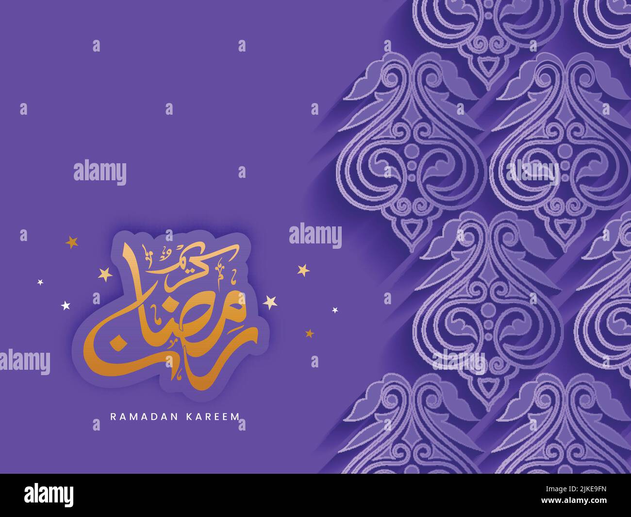 Aufkleber Stil Arabisch Kalligraphie Von Ramadan Kareem Und Papier Laser Geschnitten Islamischen Muster Auf Violettem Hintergrund. Stock Vektor