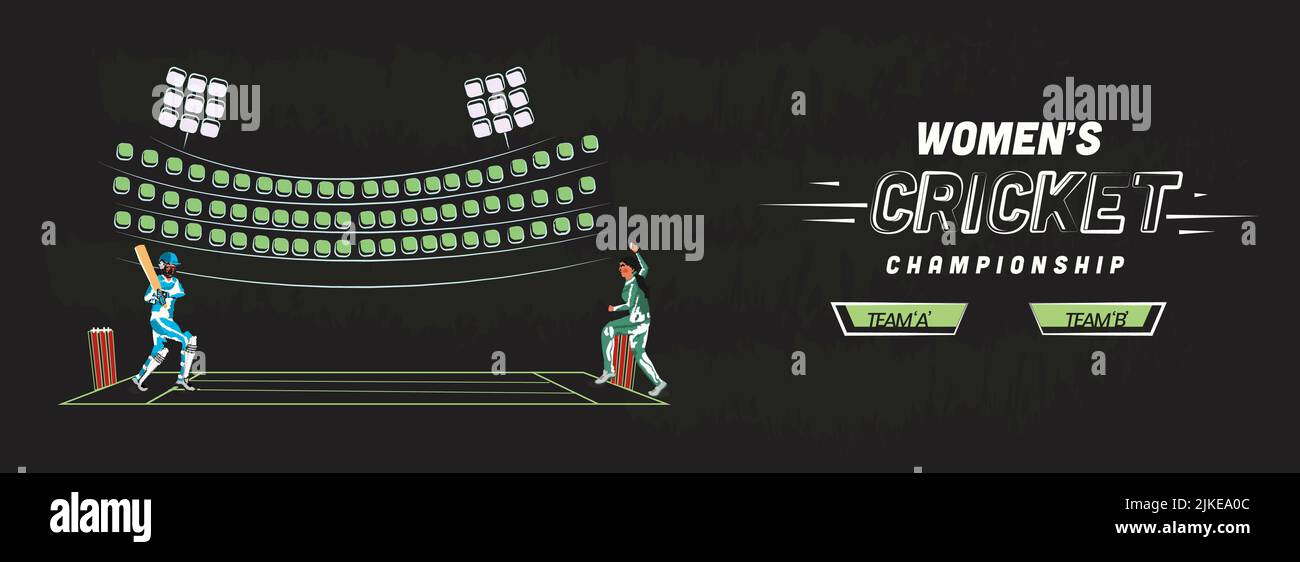 Frauen Cricket Championship Banner oder Header-Design mit Bowler Wurf Ball zu Batter Player auf schwarzem Hintergrund. Stock Vektor