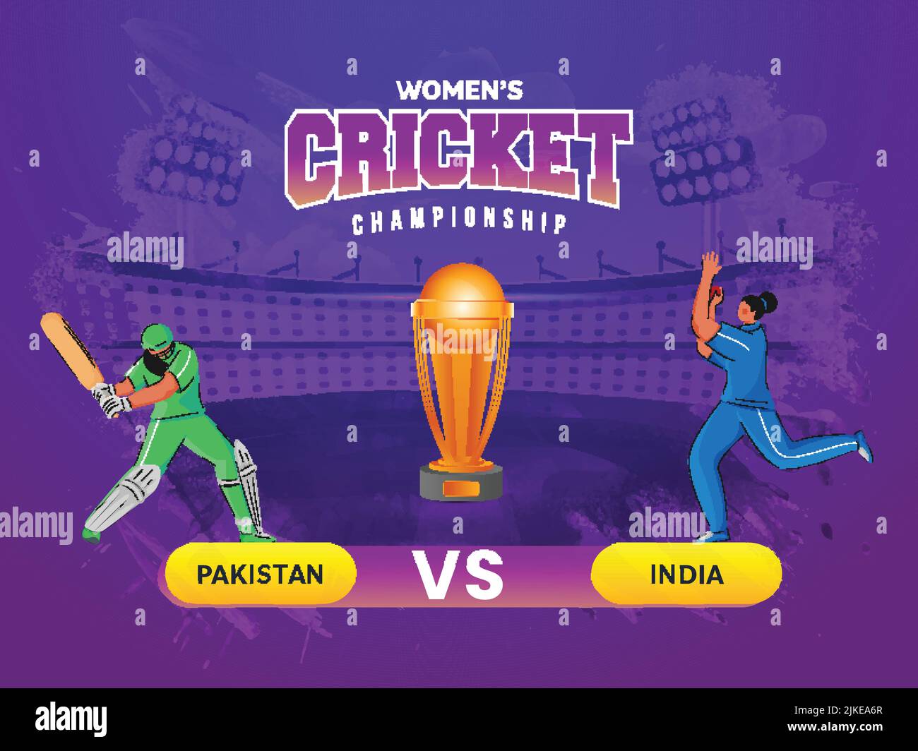 Frauen-Cricket-Spiel zwischen Pakistan und Indien Spieler mit 3D gewinnen Trophy Cup auf abstrakt lila Hintergrund. Stock Vektor