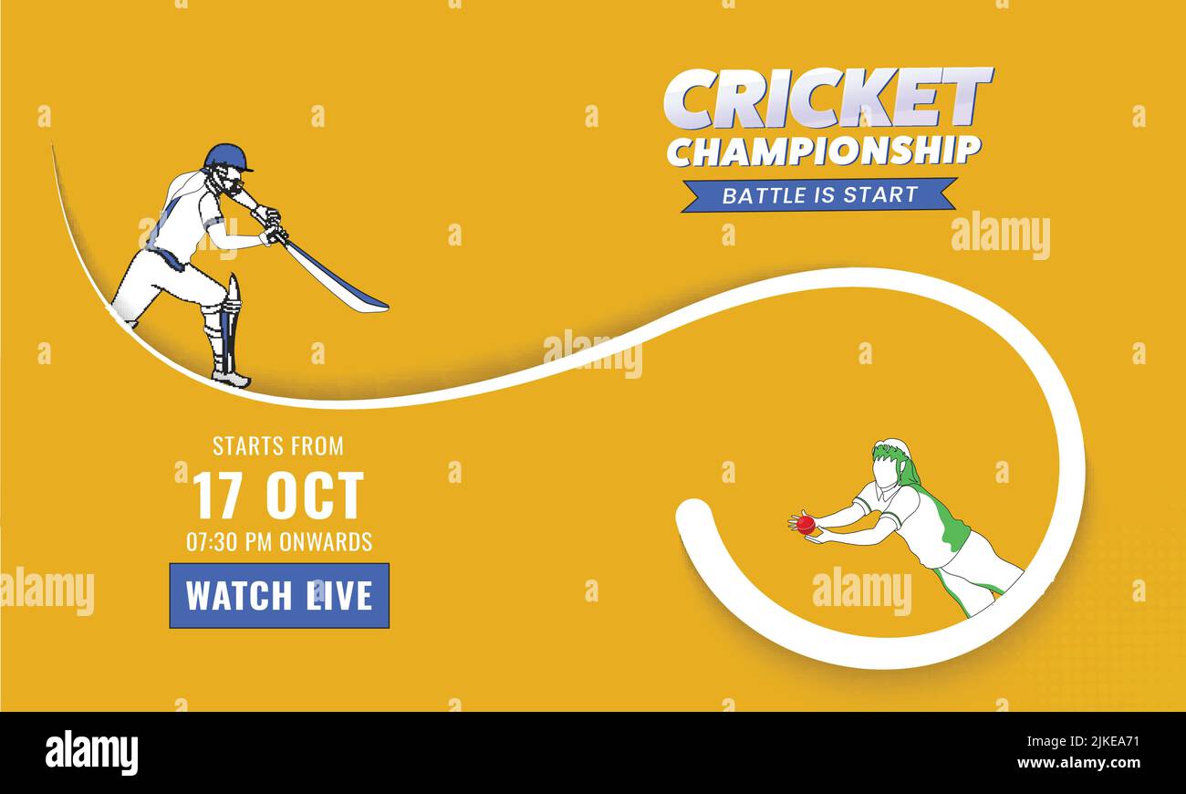 Live Cricket Championship Konzept Mit Weiblicher Schlagspielerin, Bowler In Der Spielenden Pose Auf Gelbem Hintergrund. Stock Vektor