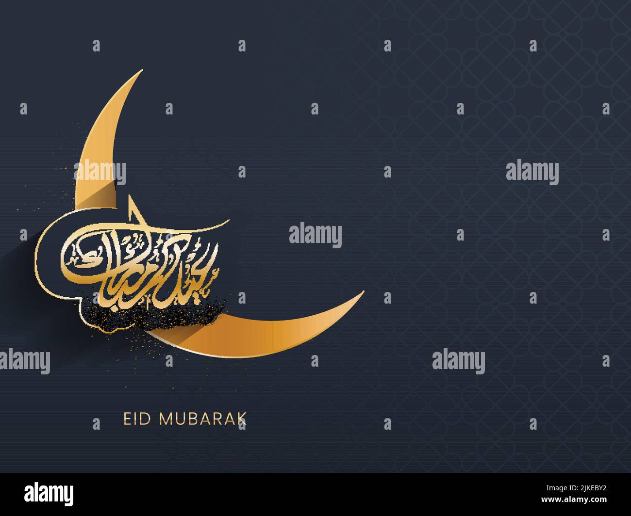 Goldene Arabische Kalligraphie Von Eid Mubarak Mit Halbmond Auf Dunkelgrauem Islamischem Musterhintergrund. Stock Vektor