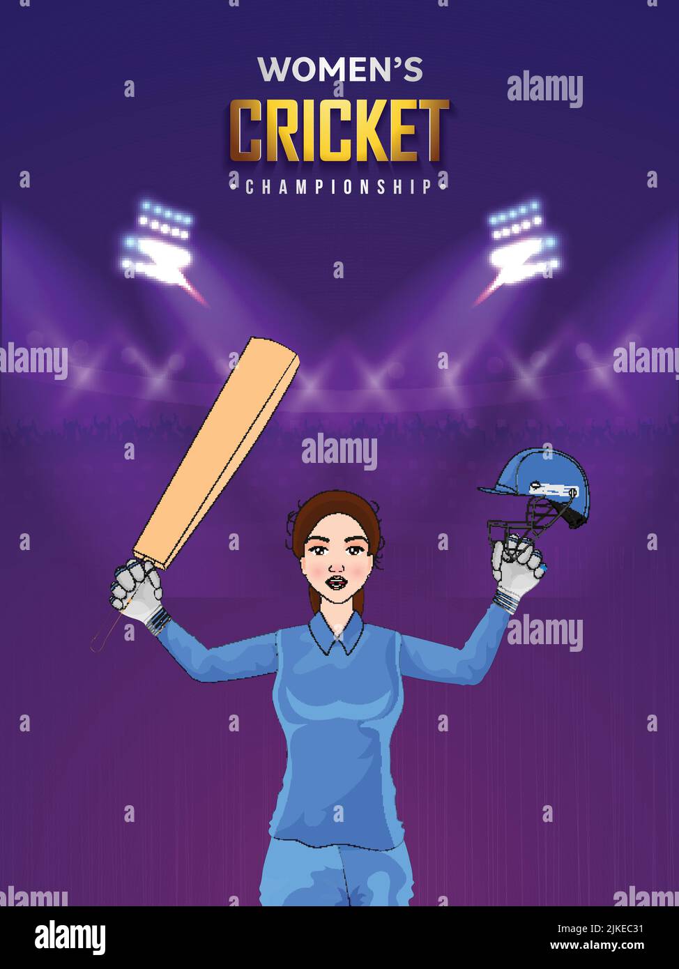 Frauen Cricket Championship Flyer Design mit Indien junge weibliche Schlagspielerin in gewinnender Pose auf lila verschwommene Stadium Lichter Hintergrund. Stock Vektor