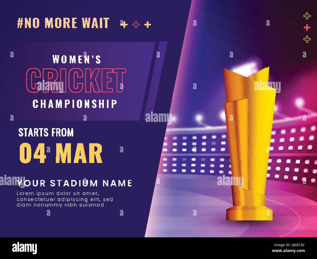 Frauen Cricket Championship Poster Design mit Golden Winning Trophy Cup im Stadium View. Stock Vektor