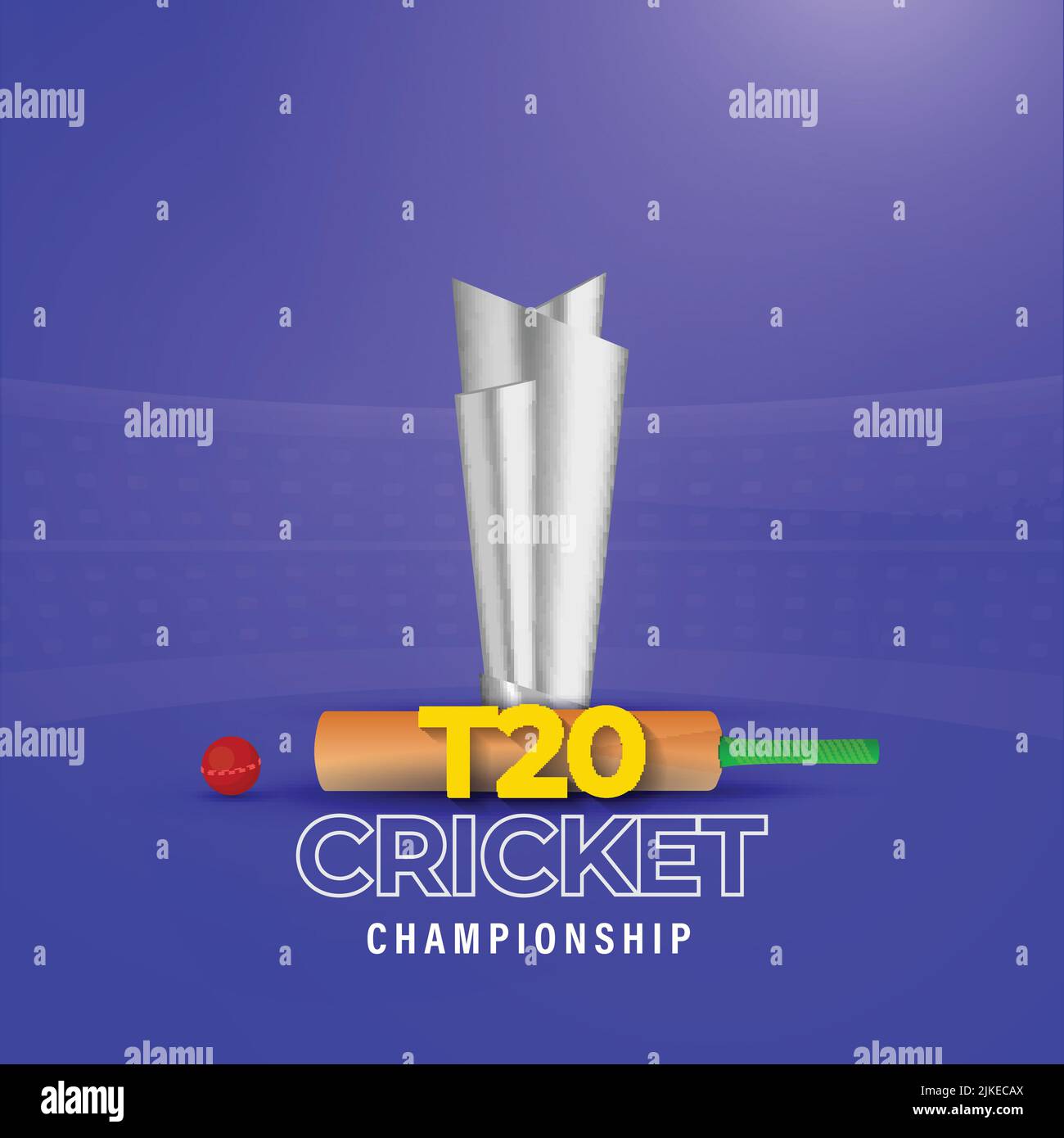 T20 Cricket Championship Konzept mit realistischem Silver Trophy Cup, Fledermaus, Ball auf blauem Hintergrund. Stock Vektor