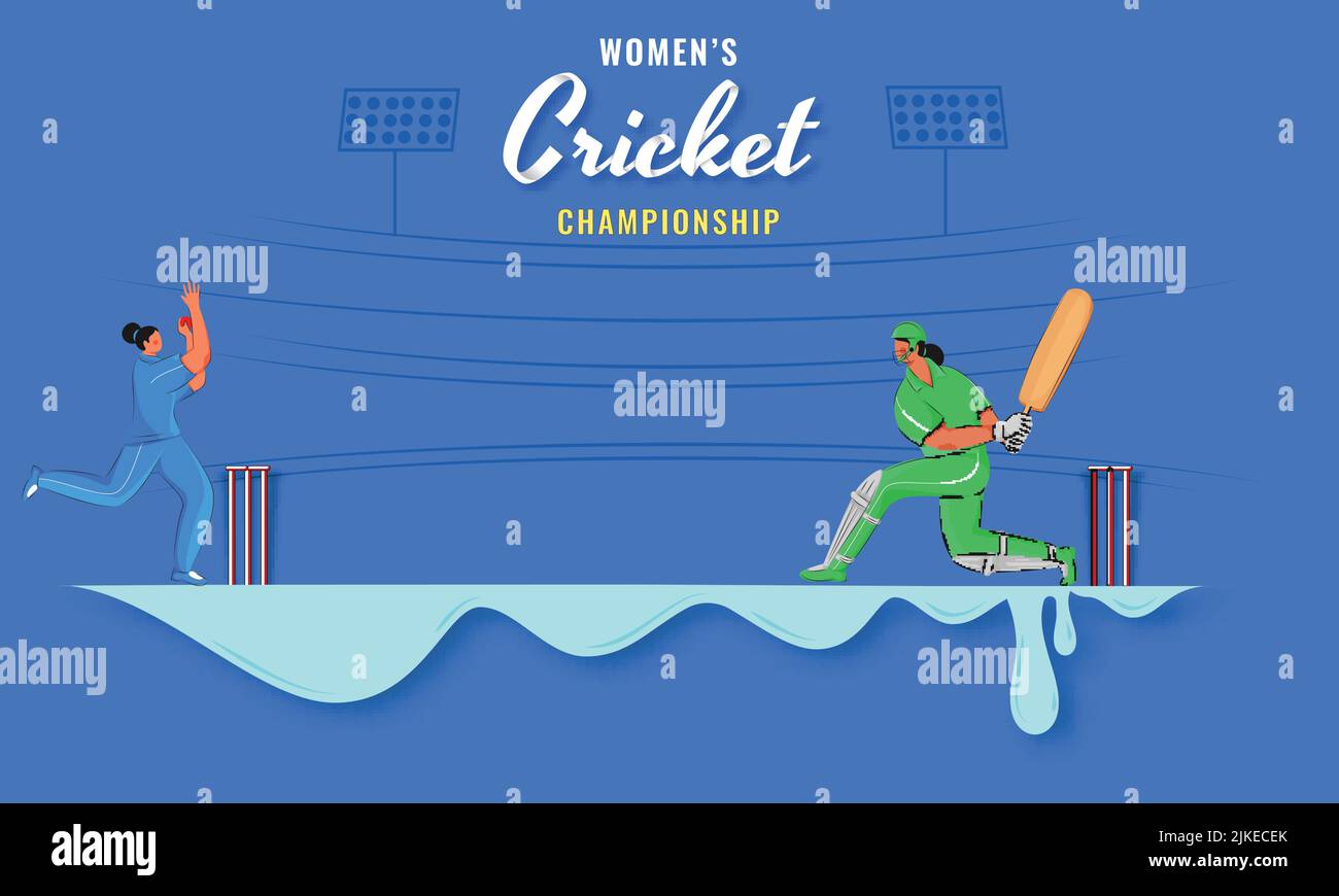 Women's Cricket Championship Konzept mit teilnehmenden Ländern Spieler von Indien gegen Pakistan auf blauem Hintergrund. Stock Vektor