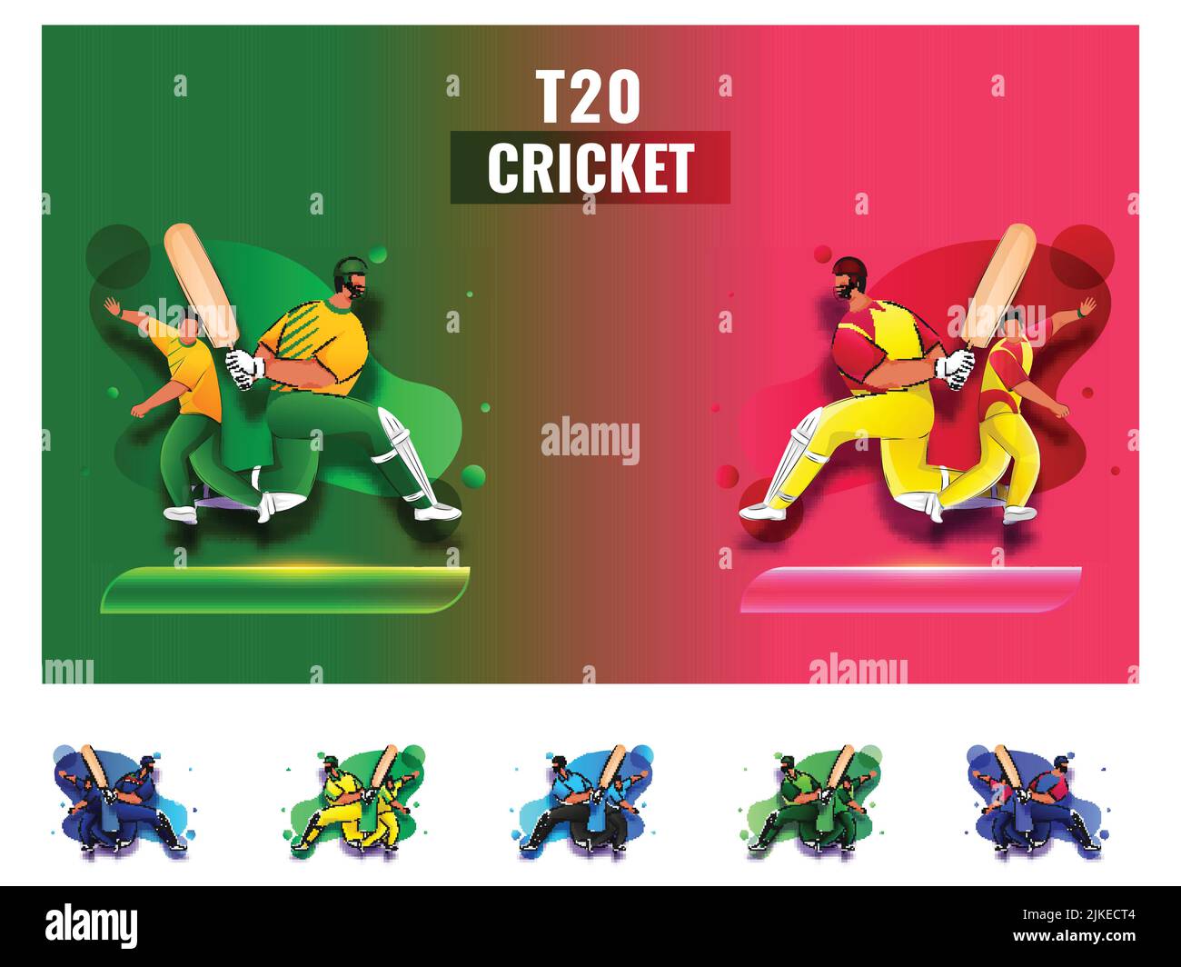 T20 Cricket Match Teilnehmende Länder Teams mit Südafrika vs West Indies Highlights auf grünem und rotem Hintergrund. Stock Vektor