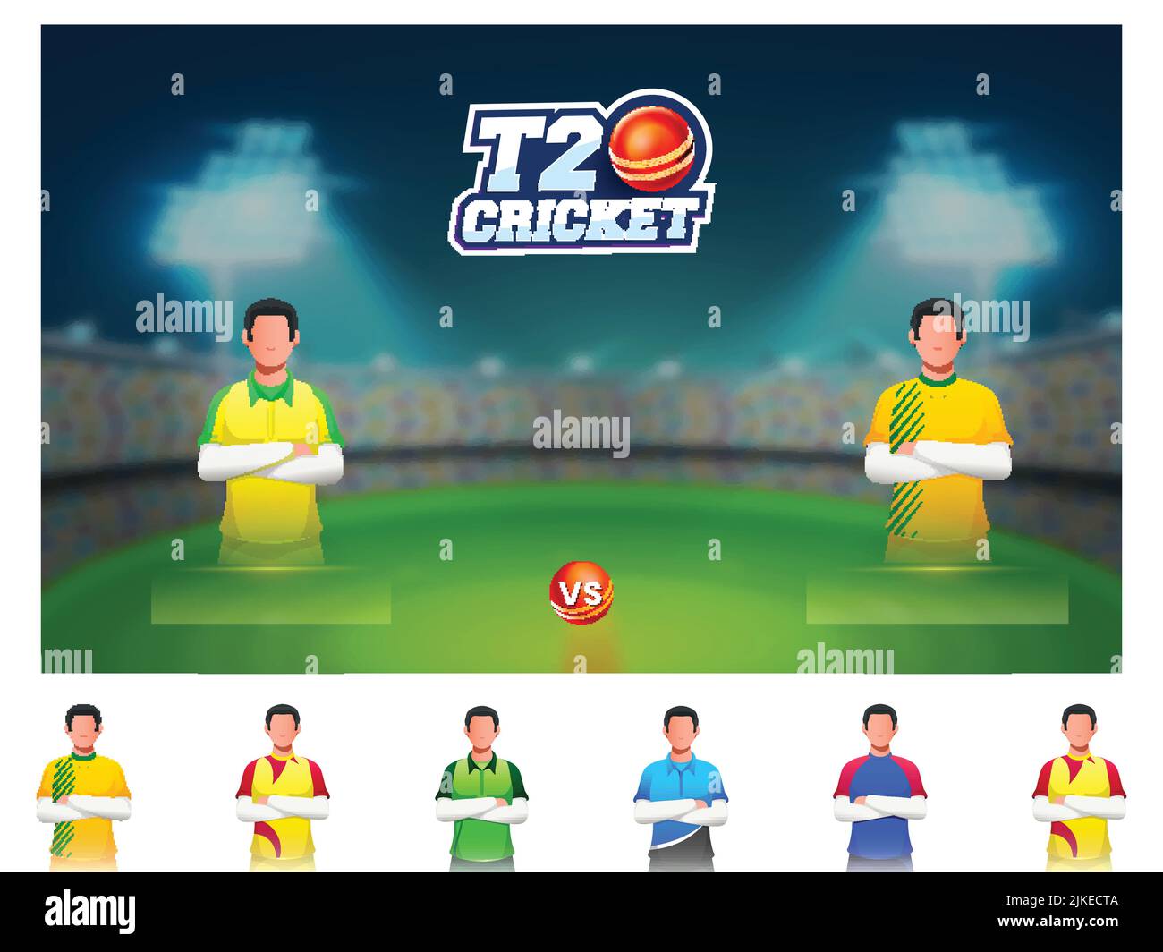 T20 Cricket Match Teilnehmerländer Spieler mit Australien gegen Südafrika Highlights auf verschwommenem Stadionhintergrund. Stock Vektor