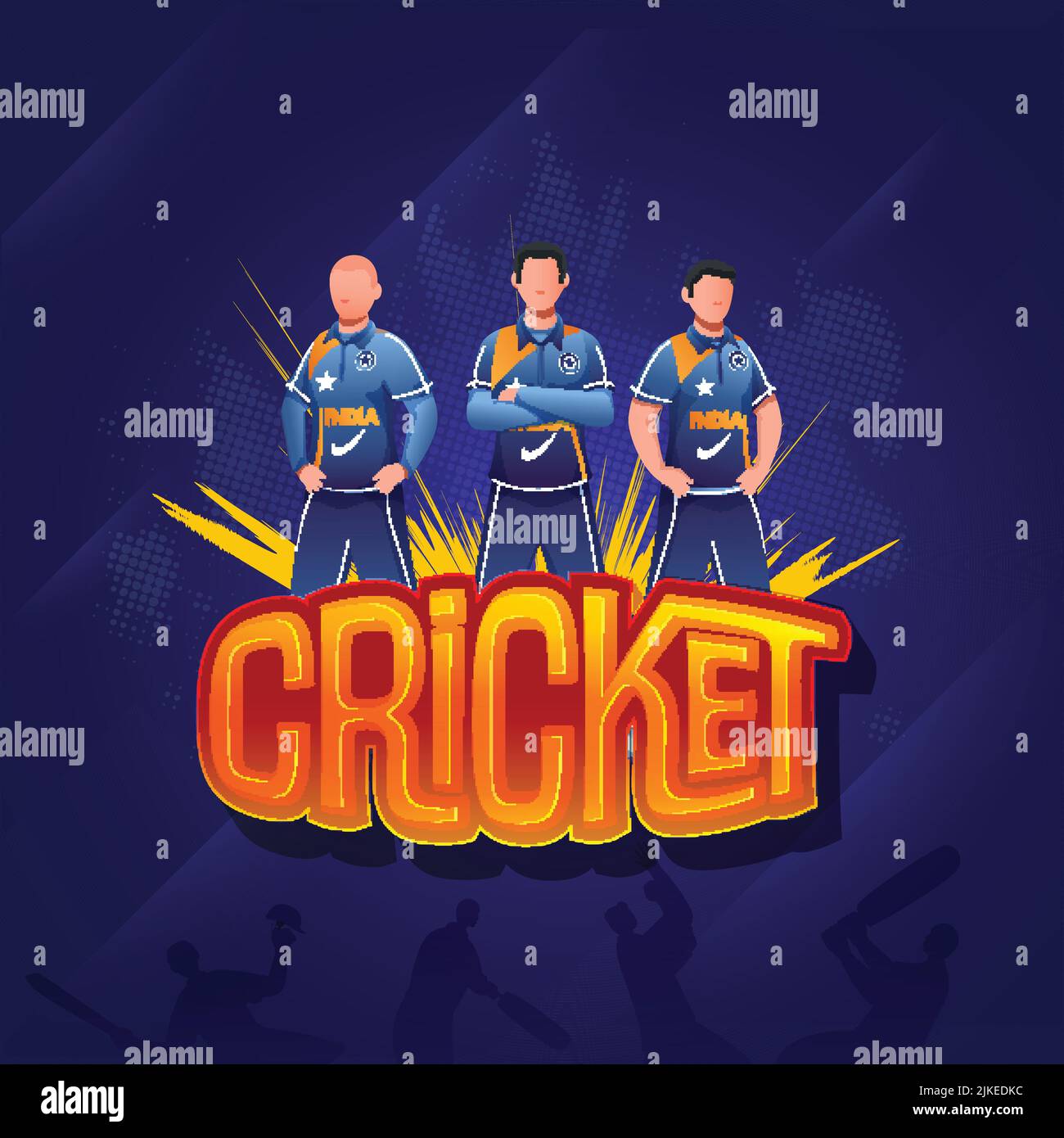 Sticker Style Cricket Font Mit Gesichtslosen Indien Cricketer Spieler Auf Blue Halbton Effekt Hintergrund. Stock Vektor