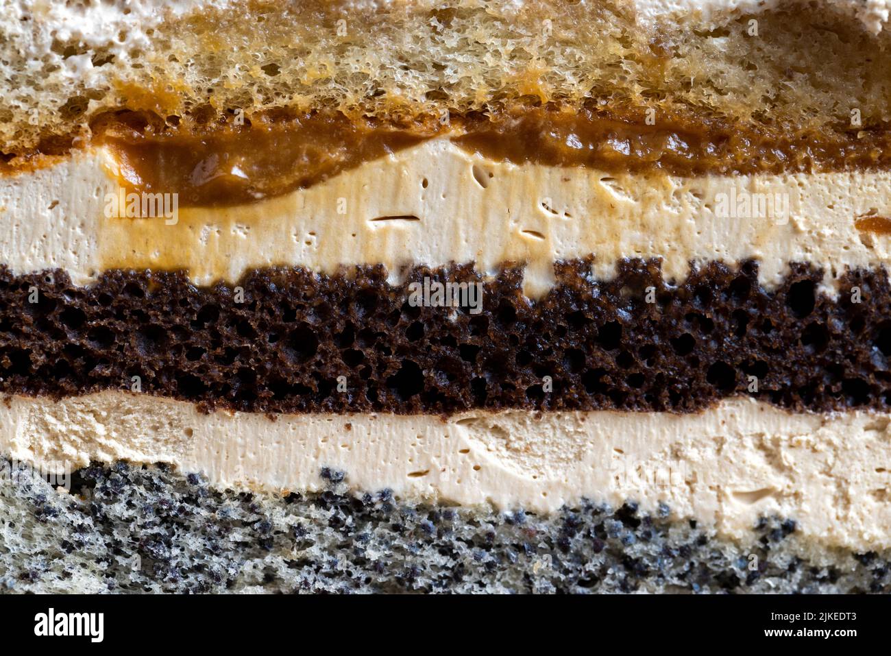 Mehrschichtiger Kuchen mit verschiedenen Schichten, Karamell, Mohn und Cremeschichten Kuchen zum Dessert mit Nüssen Stockfoto