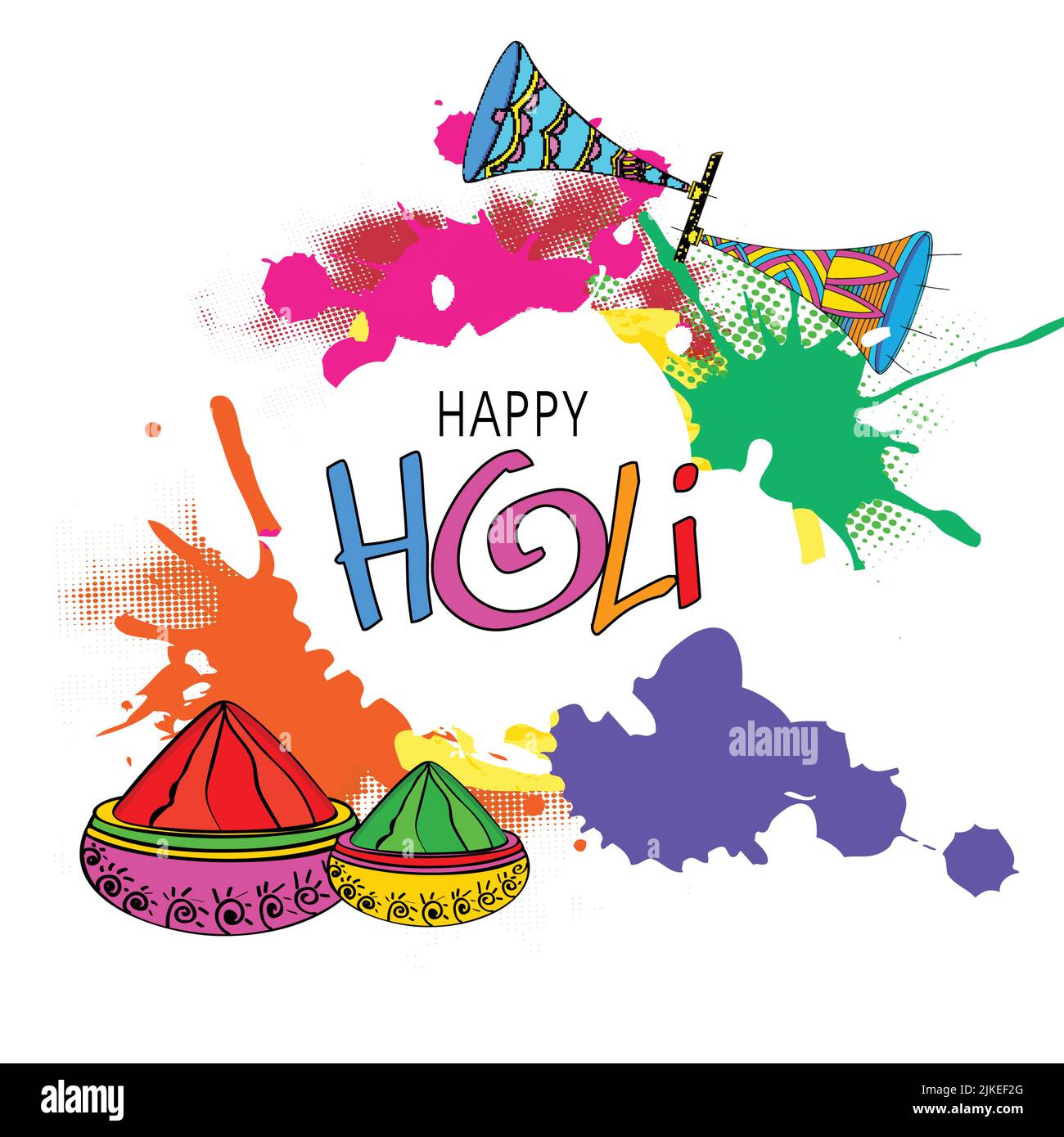 Indisches Festival der Farben, Holi-Konzept mit Trockenfarben (gulal) und Farbe grunge vor weißem Hintergrund. Stock Vektor