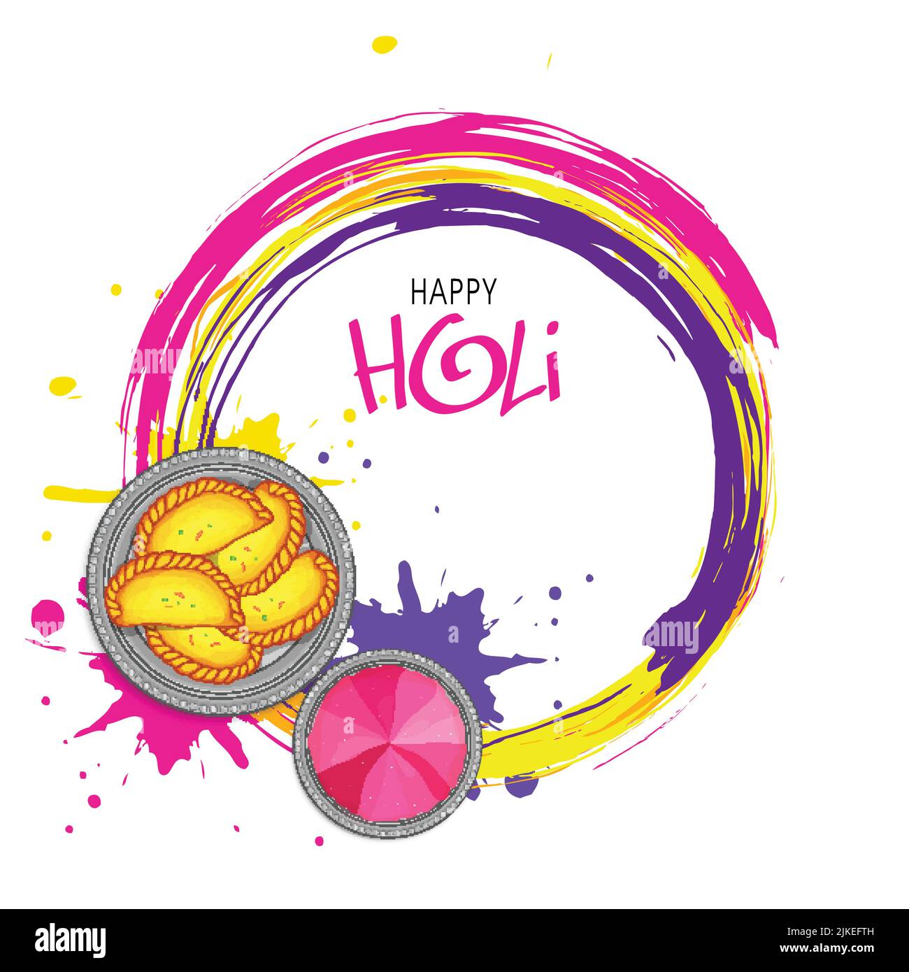 Indisches Festival der Farben, Holi-Konzept mit traditionellen Süßigkeiten (Gujiya) und Trockenfarben (gulal) gegen colorsgrunge und tex Raum. Stock Vektor
