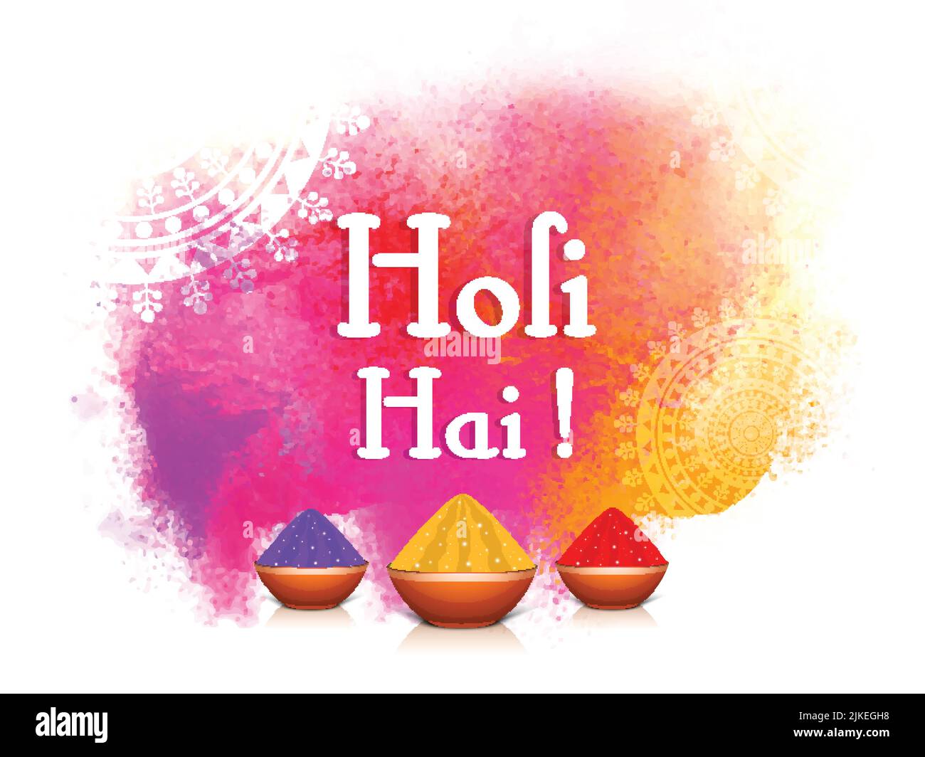 Holi Hai! (Es ist Holi) Text mit glänzenden Schalen voller trockener Farbe (Gulal) und buntem Pulverspritz-Effekt auf weißem Hintergrund. Stock Vektor