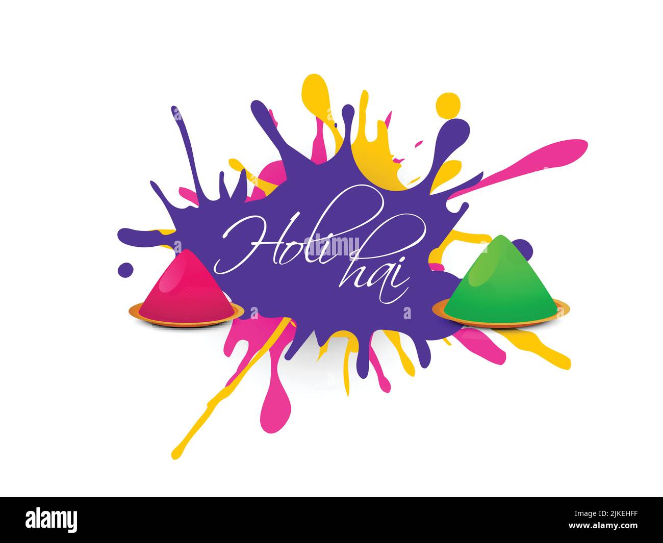 Indisches Festival der Farben, Happy Holi Konzept mit glänzenden Drycolors (gulal) und Farben spritzen vor weißem Hintergrund, mit Text Holi Hai (IT's Holi Stock Vektor