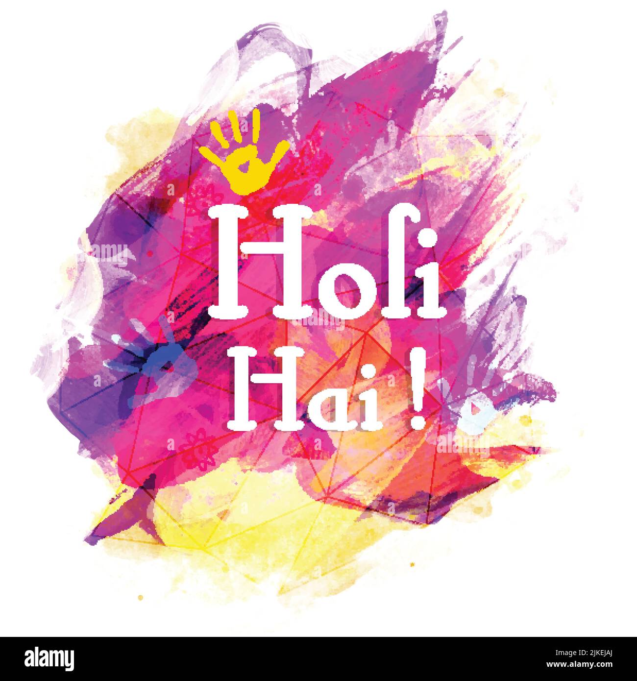 Holi Hai! (Es ist Holi) Text gegen bunte Pinselsträsentextur Hintergrund mit Handprints. Stock Vektor