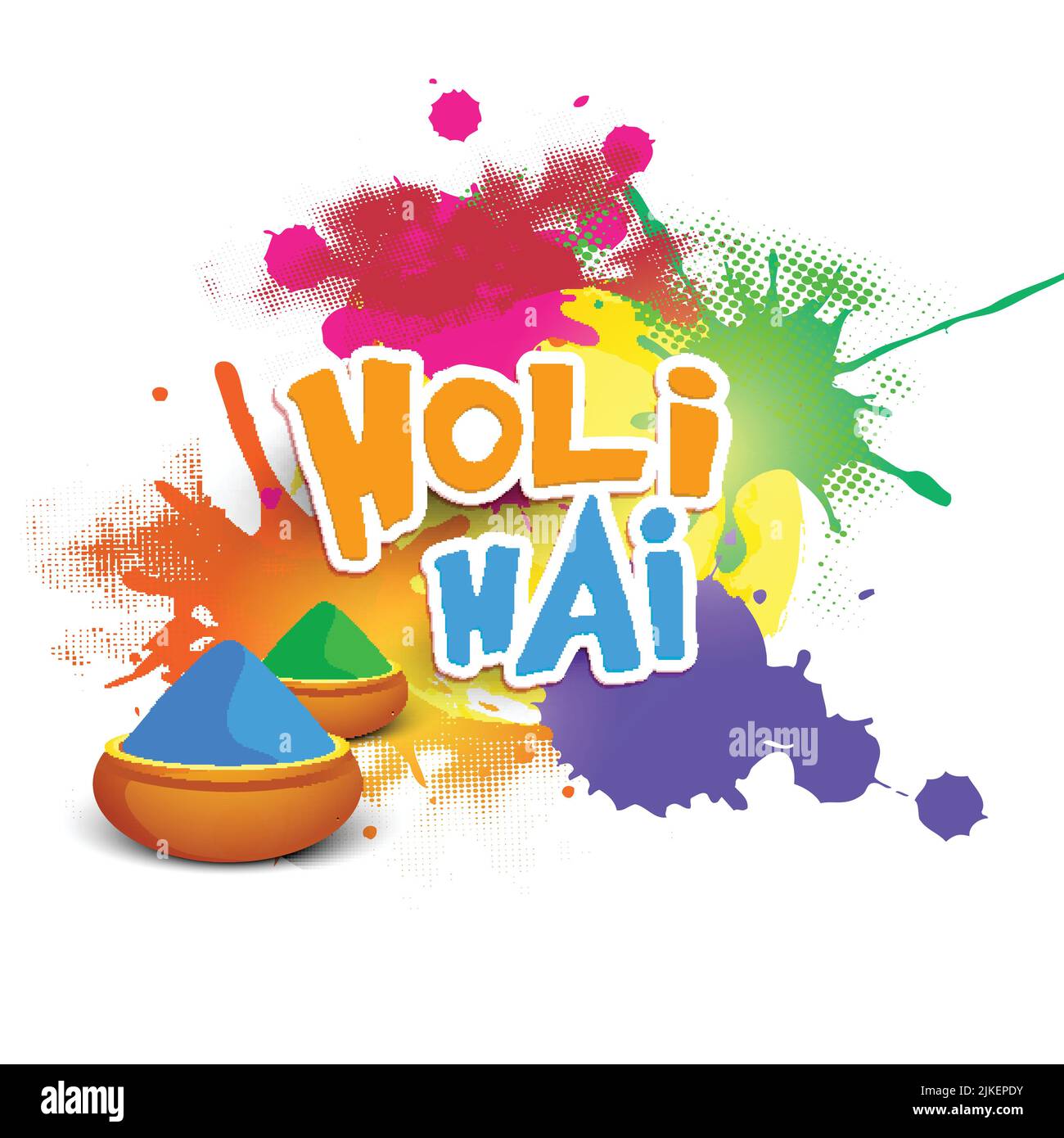 Holi Hai (IT's Holi) Text im Stickerstil mit Puder (Gulal) in Schalen und buntem Spritz-Effekt auf weißem Halbtonhintergrund. Stock Vektor