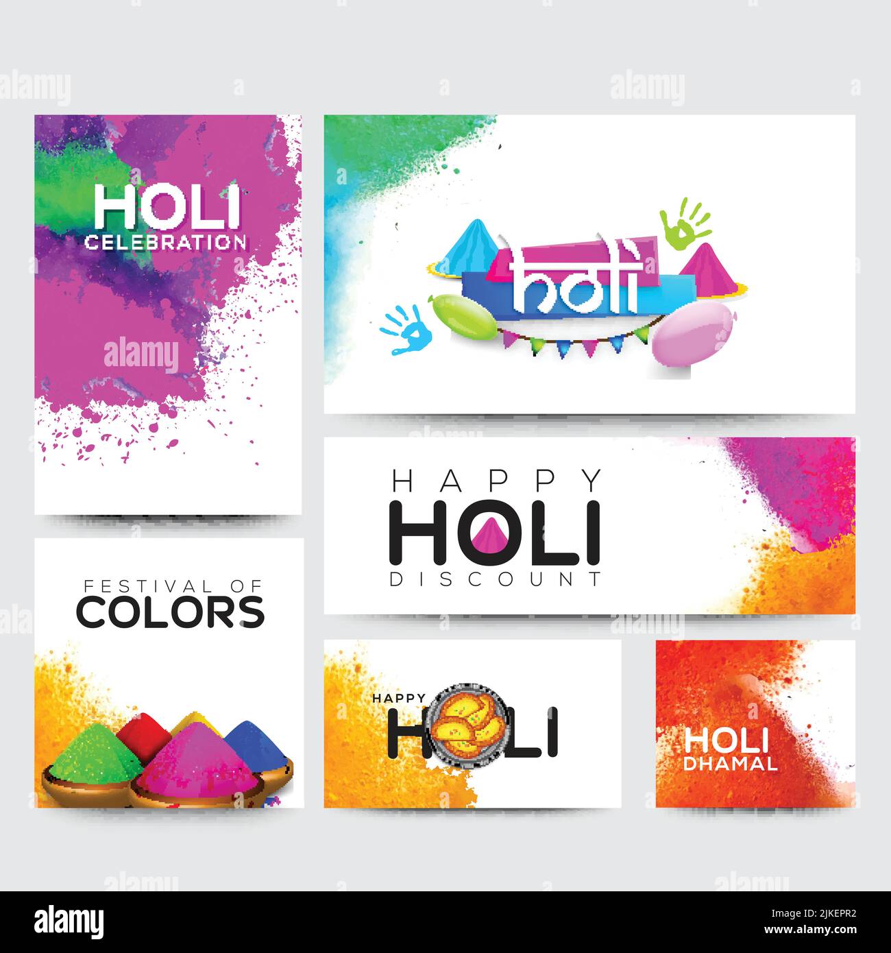 Das indische Festival der Farben, Happy Holi Social Media Sets umfasst quadratische Pfosten- und Bannergrößen mit Farbspritzern und traditionelle Süßigkeiten (Gujhiya). Stock Vektor
