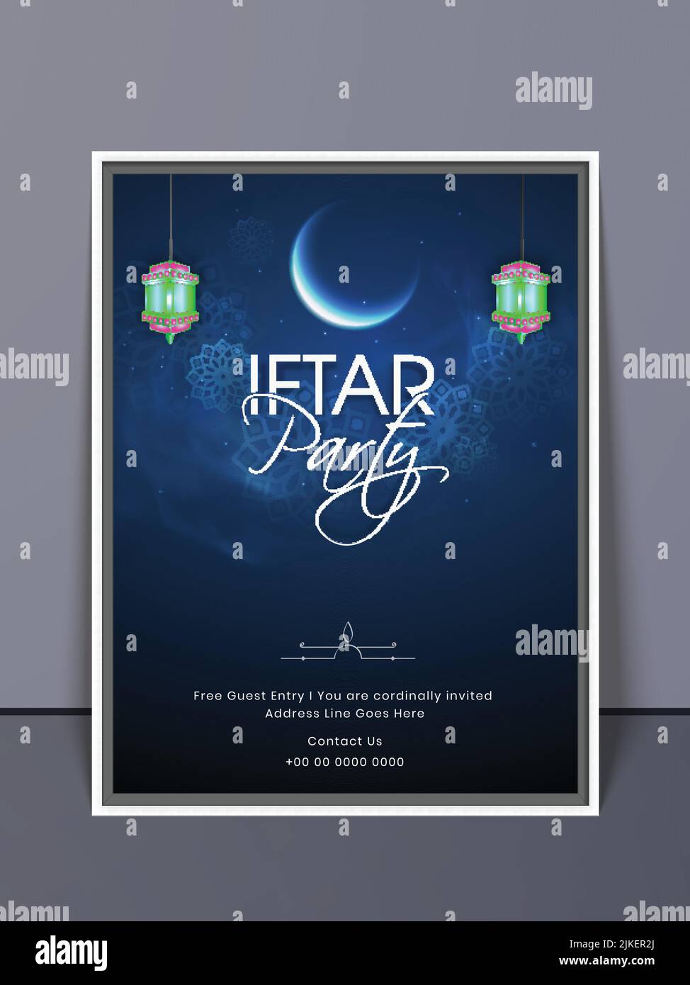 Iftar Party Flyer Design Mit Glühendem Halbmond Und Laternen Hängen Auf Blaulicht-Effekt-Hintergrund. Stock Vektor