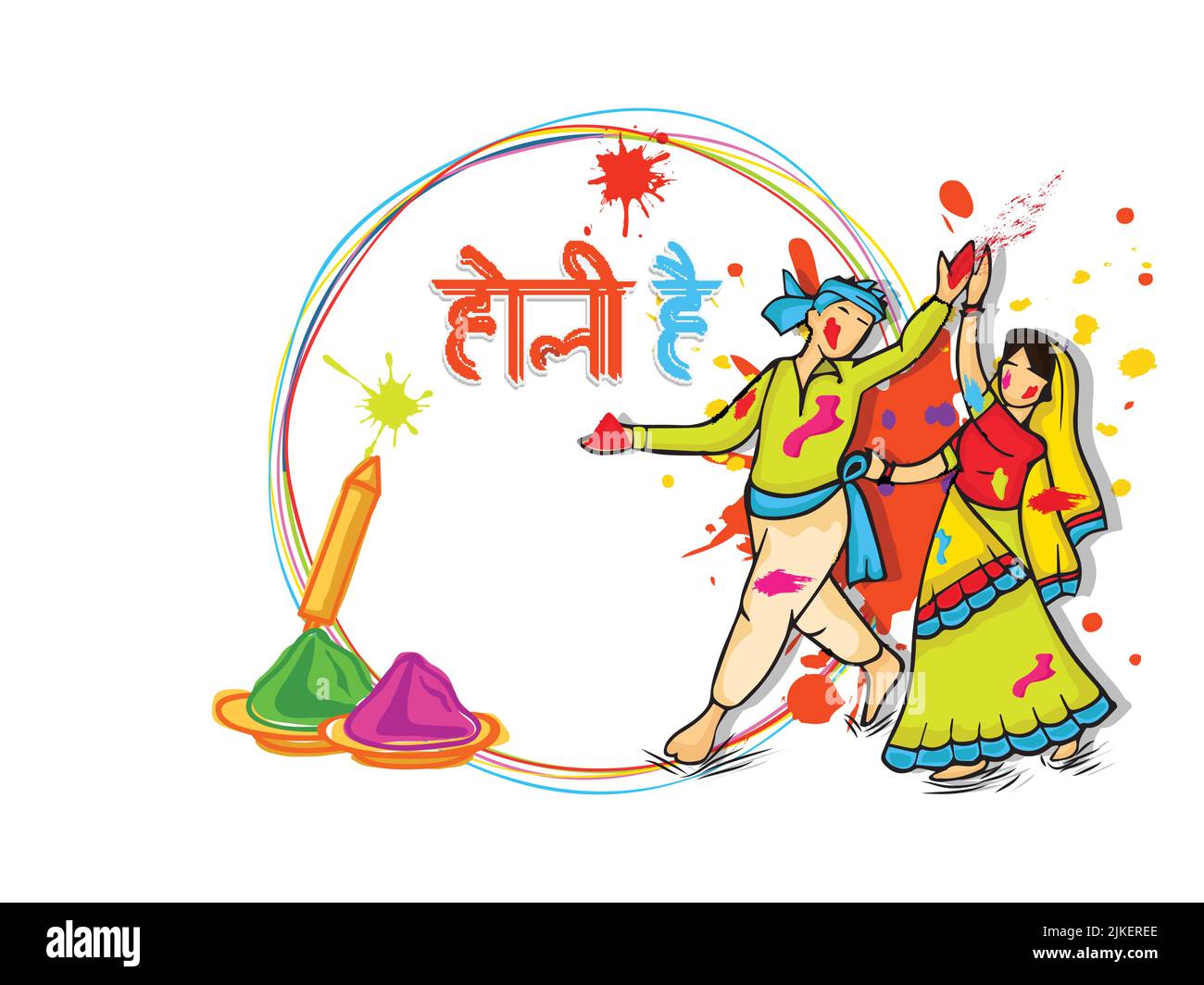 Hindi-Schriftzug von IT's Holi (Holi Hai) mit Indian Young Couple, die Farben auf weißem Hintergrund spielen. Stock Vektor