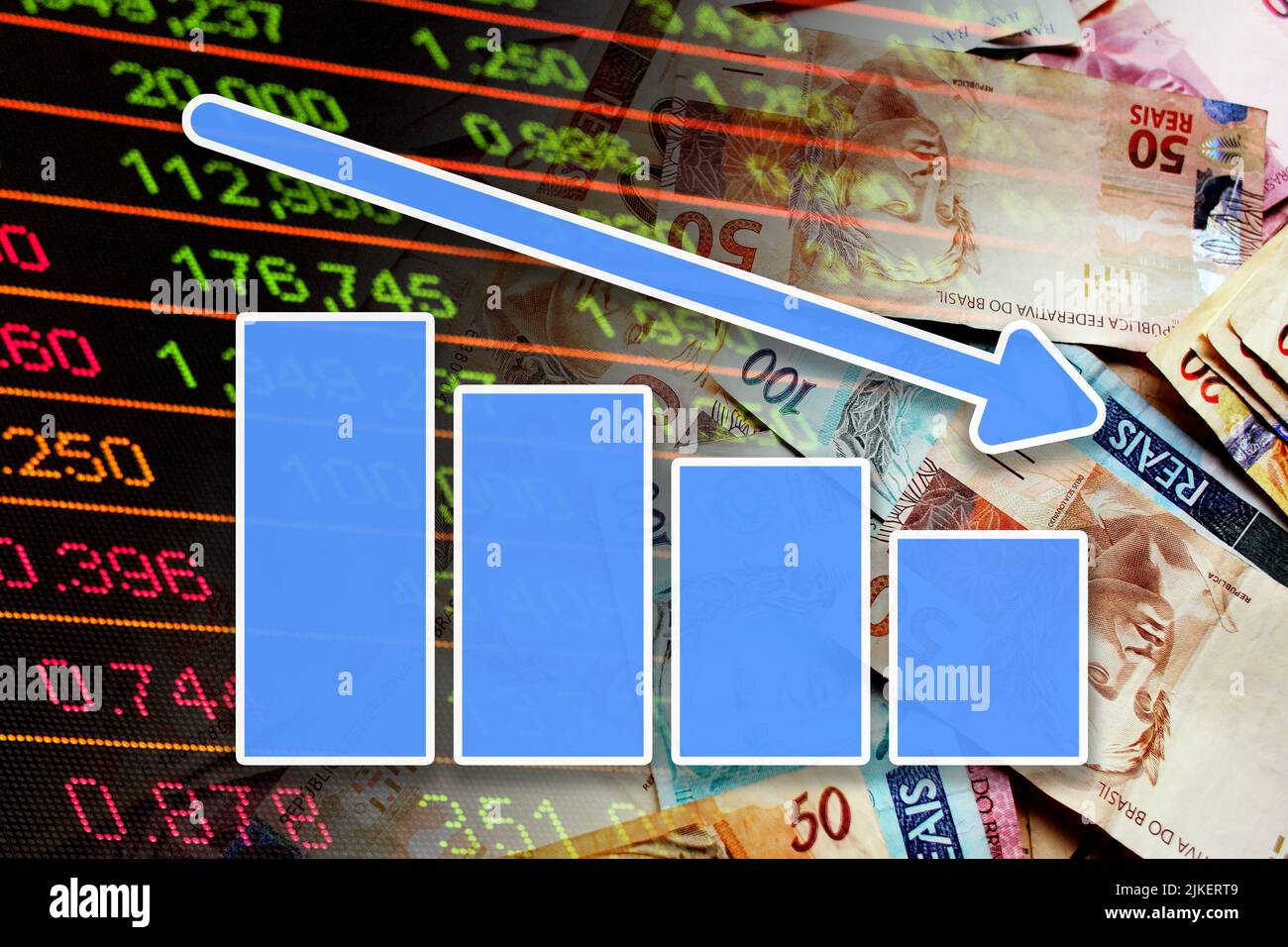 Wirtschaftsdiagramm – Abwärtspfeil, brasilianische Reals in Cash- und Aktienmarktindikatoren (Geld, Finanzen, Unternehmen, Inflation) Stockfoto