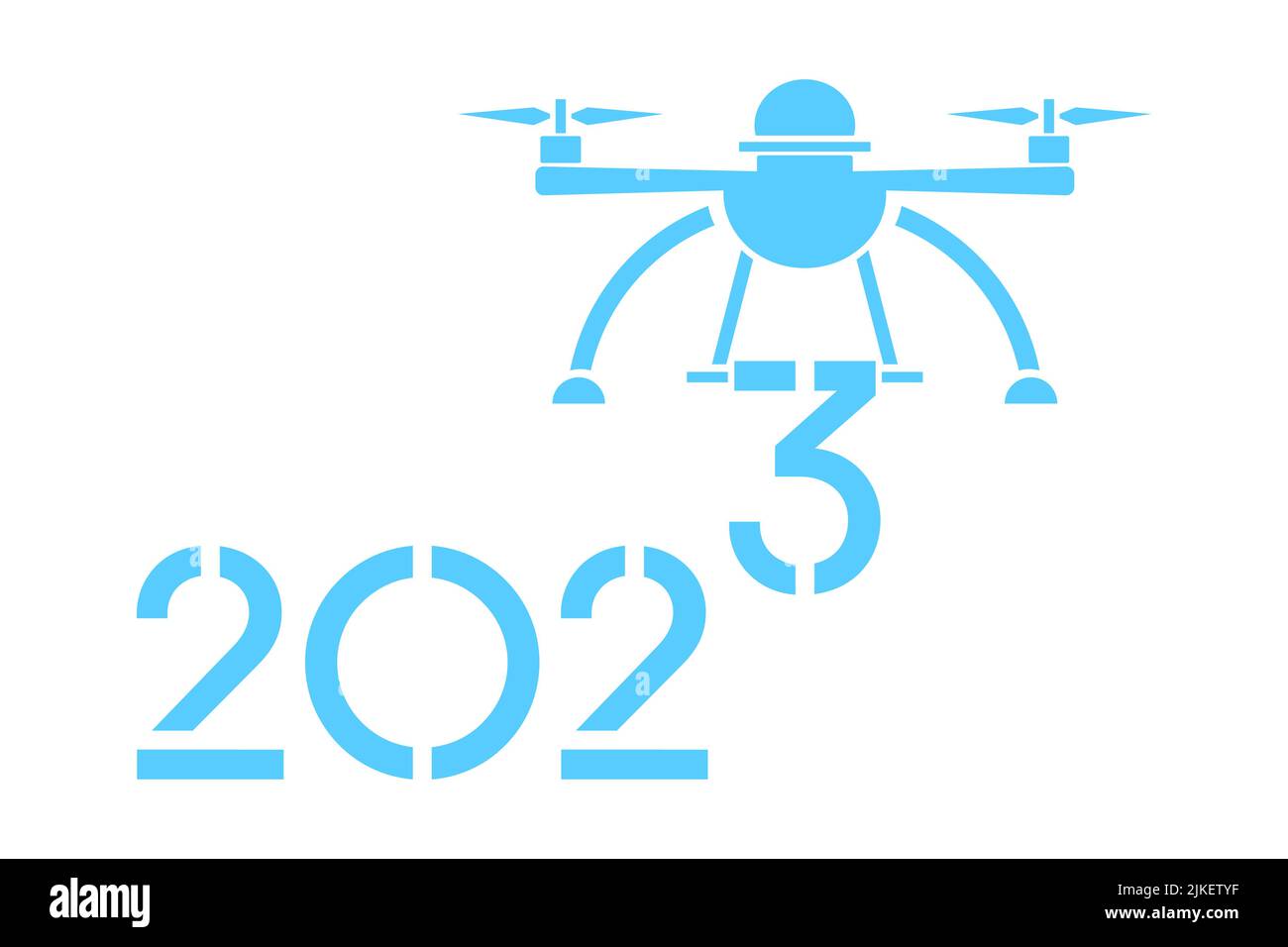Frohes neues Jahr 2023 Vektor-Illustration. Luftdrohne trägt Zahlen für 2023. Festlicher Hintergrund. Remote-Gerät. Quadcopter Stock Vektor