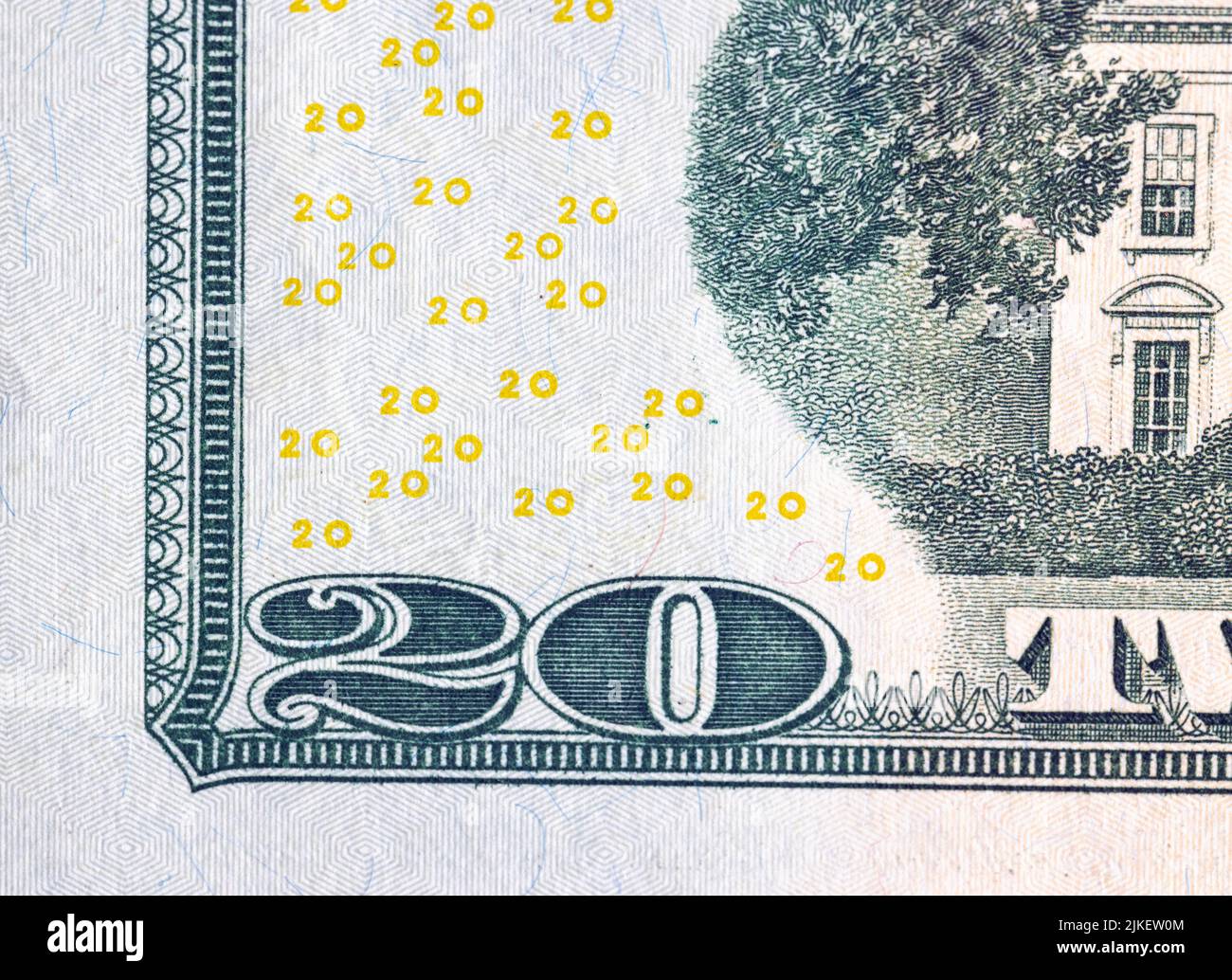 Details von Bargeld American zwanzig Dollar, Bargeld American Dollar mit einem Nennwert von 20 Nahaufnahme Stockfoto