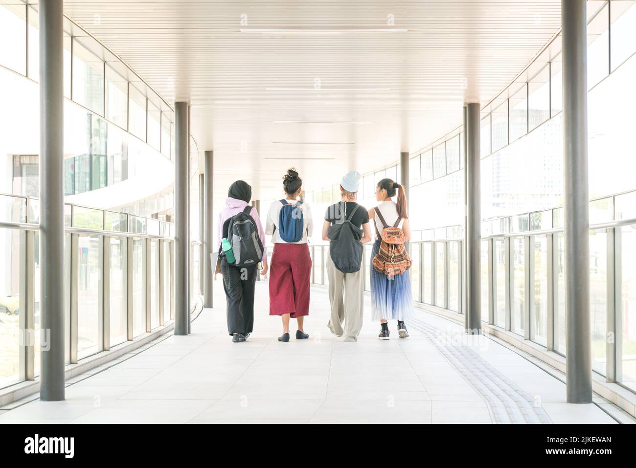 Gruppe von multirassischen College-Studenten Freunde, die zusammen in der Halle gehen. Rückansicht. Stockfoto