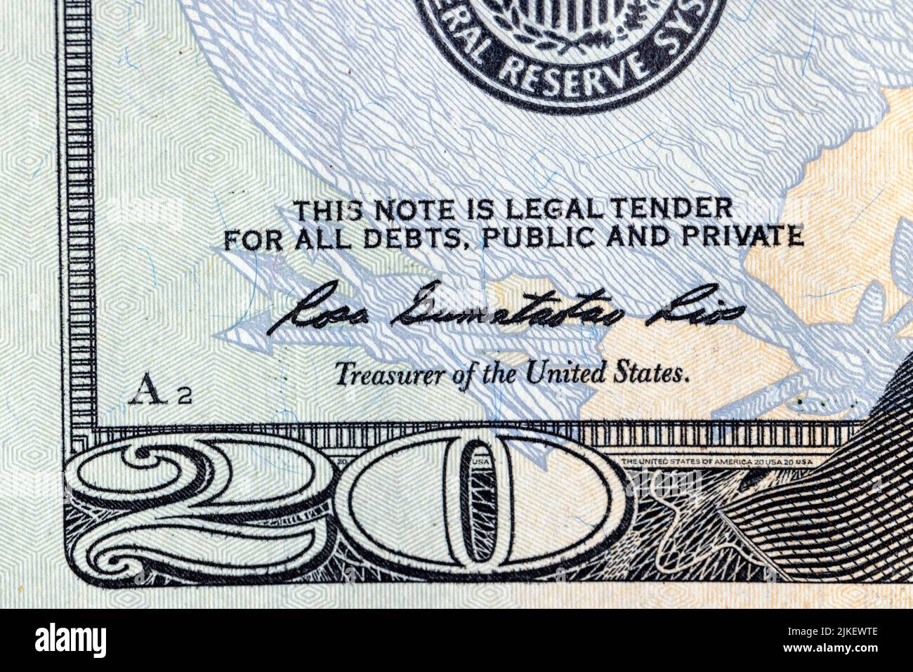 Details von Bargeld American zwanzig Dollar, Bargeld American Dollar mit einem Nennwert von 20 Nahaufnahme Stockfoto