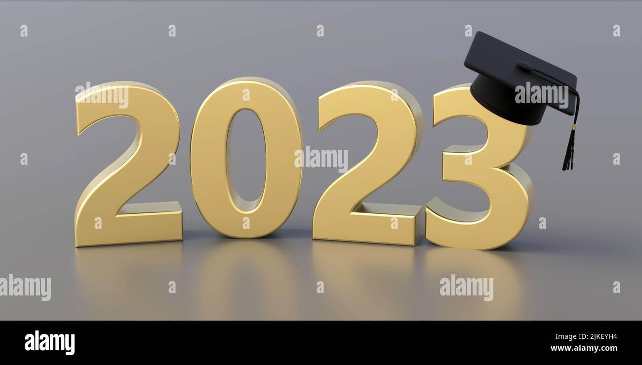 2023 Klassenabschluss. Goldene Jahreszahl und Gradkappe auf silbergrauem Hintergrund. High School, Hochschulabschluss. 3D Rendern Stockfoto