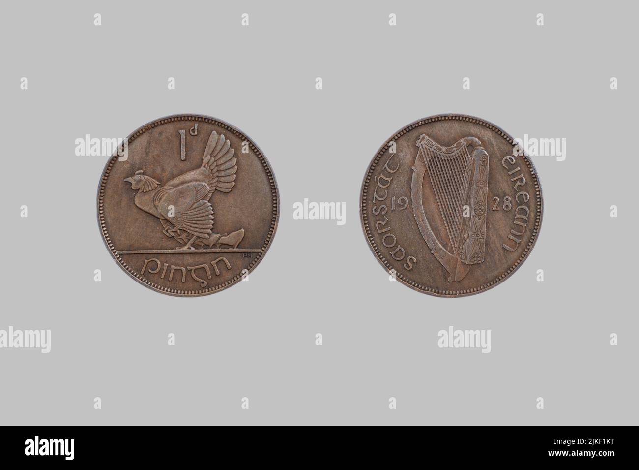 1928 Irische ein-Penny-Münze, vorne und hinten Stockfoto