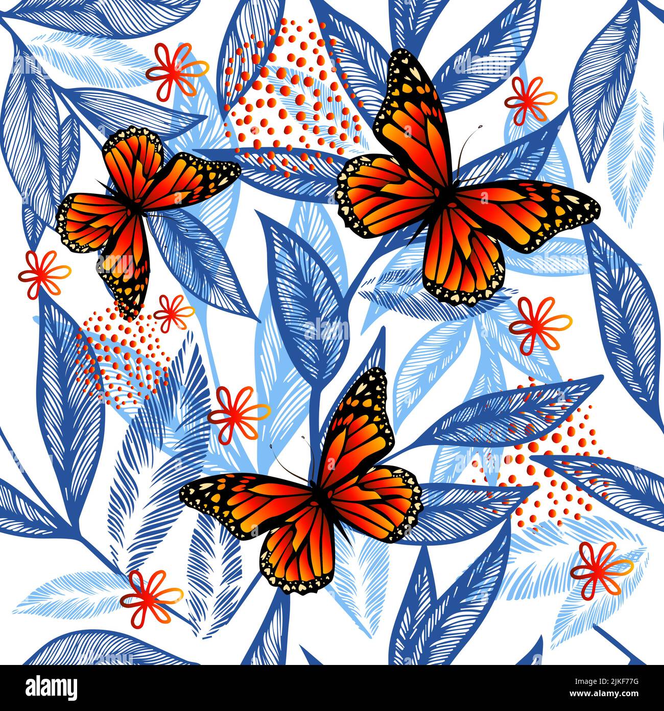 Nahtloses Muster mit blauen und orangen Blättern. Vektorgrafik Stock Vektor