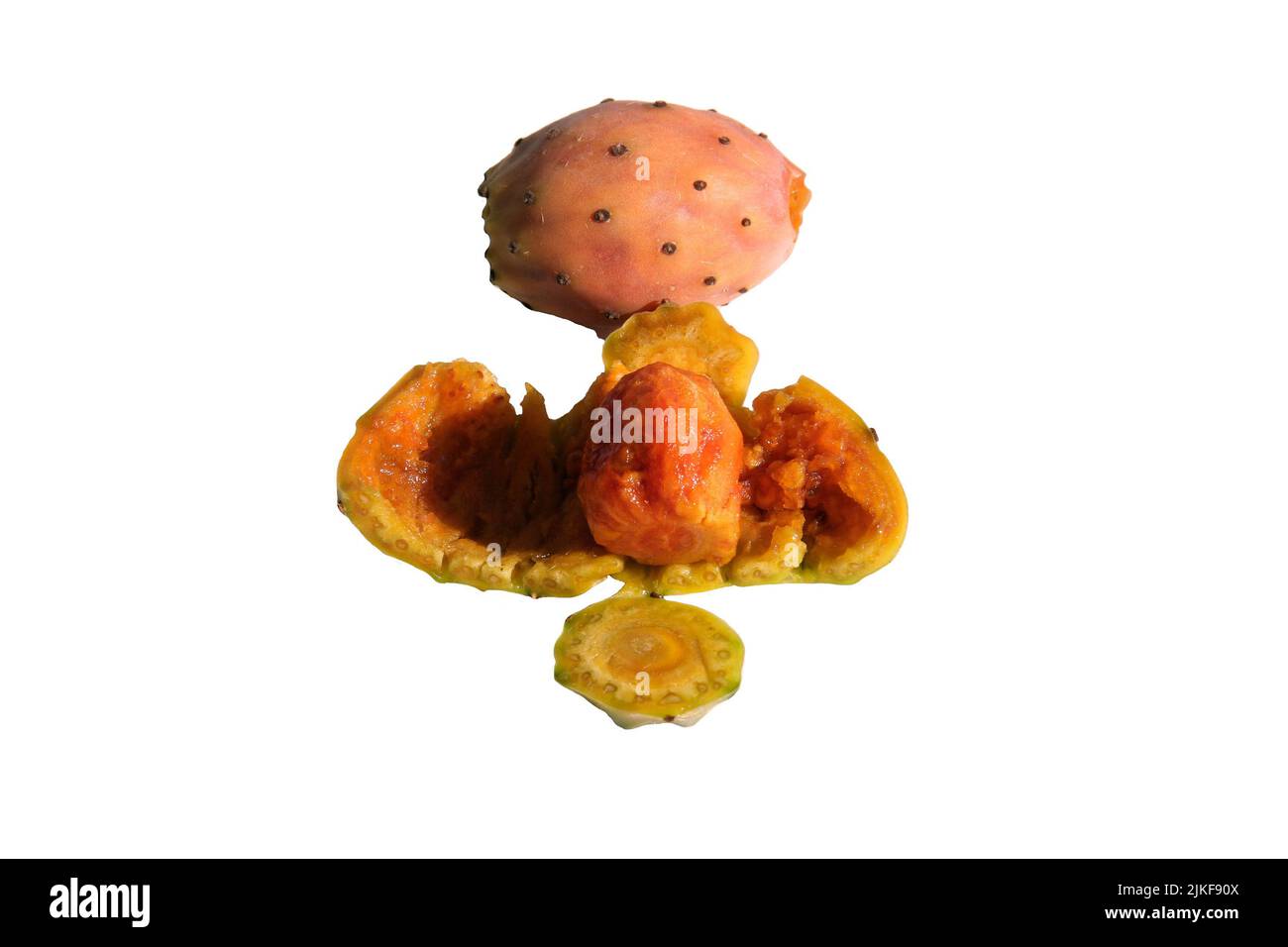 Eine ganze und eine gereinigte, verzehrfertige Birne isoliert auf Weiß Stockfoto