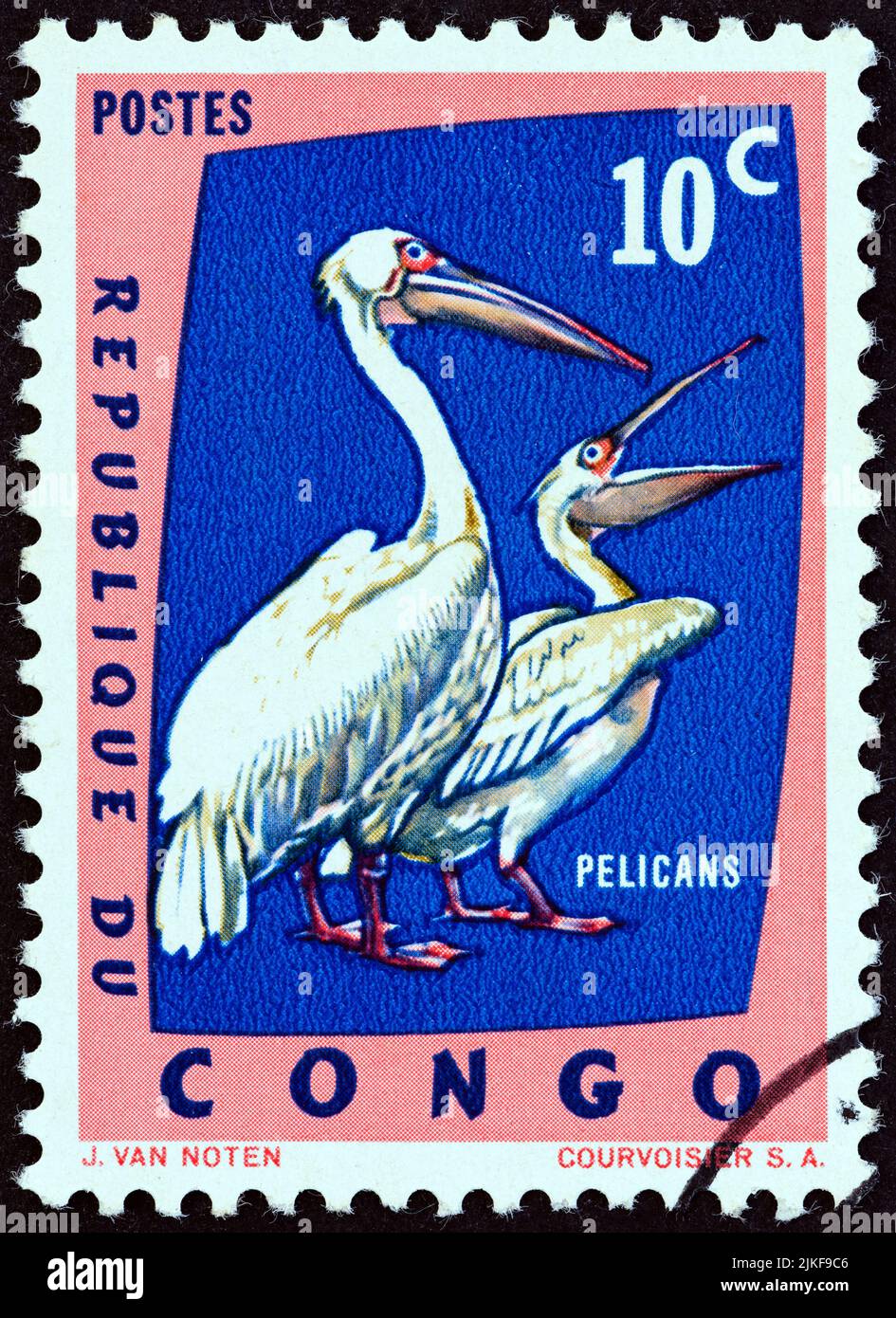 DEMOKRATISCHE REPUBLIK KONGO - UM 1963: Eine im Kongo gedruckte Marke zeigt große weiße Pelikane (Pelecanus onocrotalus), um 1963. Stockfoto