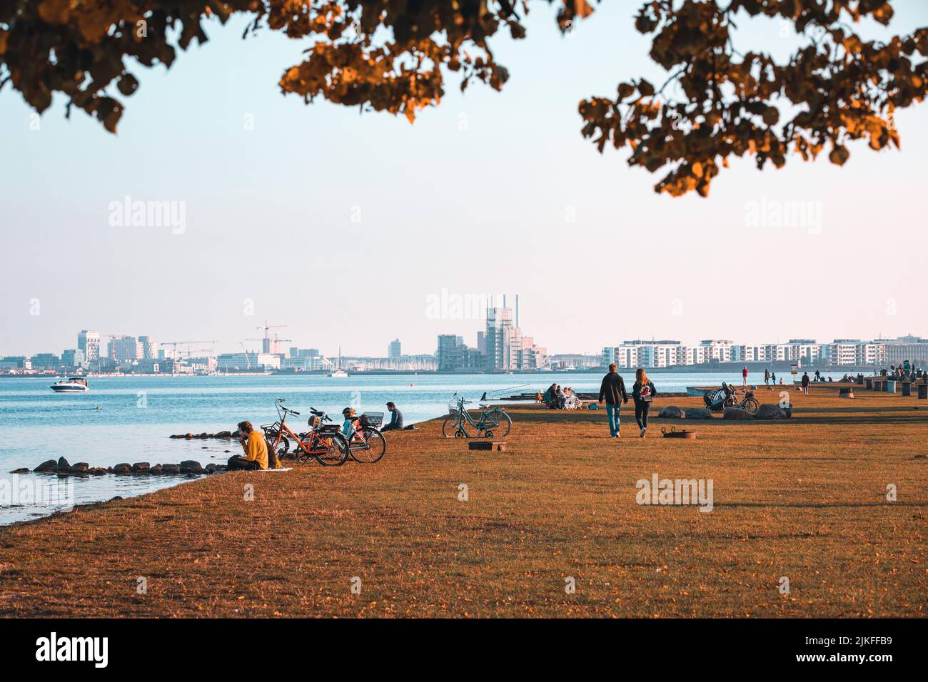 Menschen, die sich im Charlottenlund Beach Park, Strandpark, Øresund, entspannen, mit Kopenhagen in der Ferne, Dänemark Stockfoto
