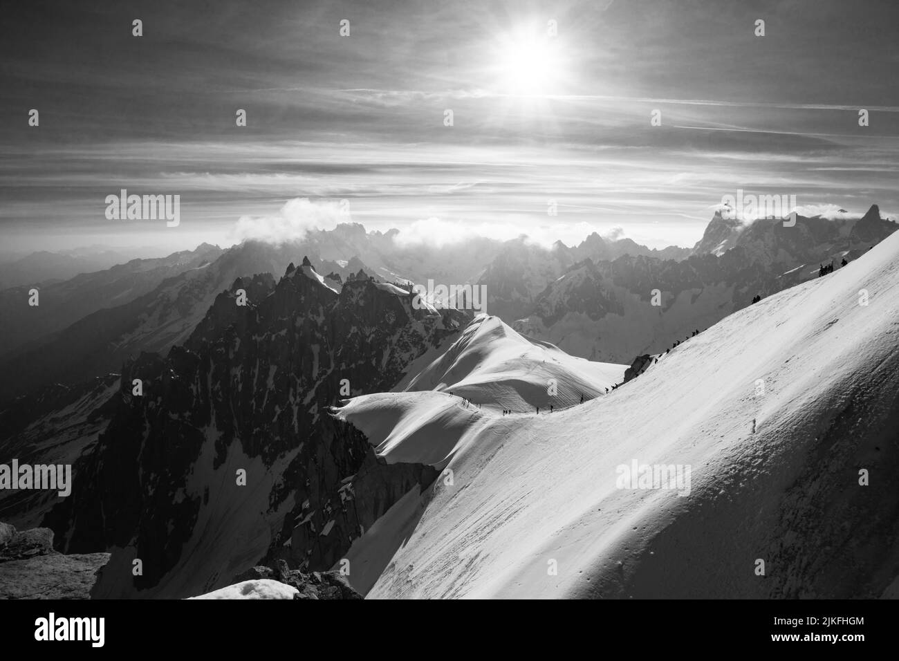 Mont Blanc aus der Vogelperspektive von der Spitze der Aiguille du Midi, Frankreich Stockfoto