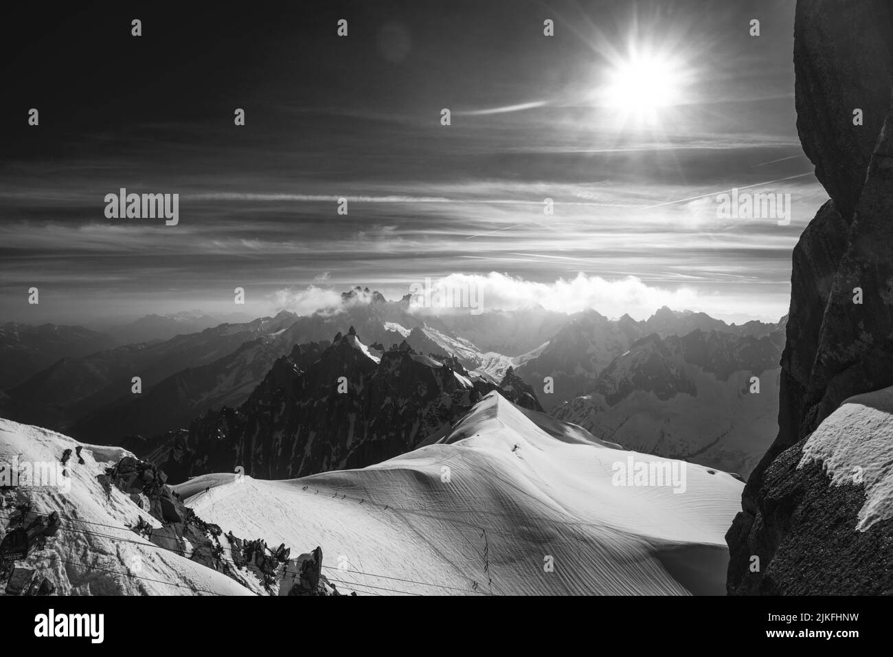 Mont Blanc aus der Vogelperspektive von der Spitze der Aiguille du Midi, Frankreich Stockfoto