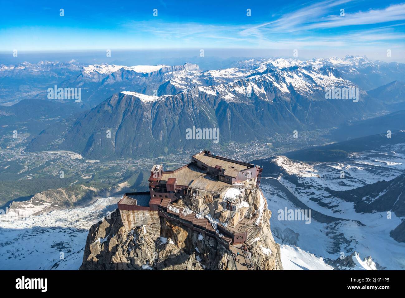Mont Blanc aus der Vogelperspektive von der Spitze der Aiguille du Midi, Frankreich Stockfoto