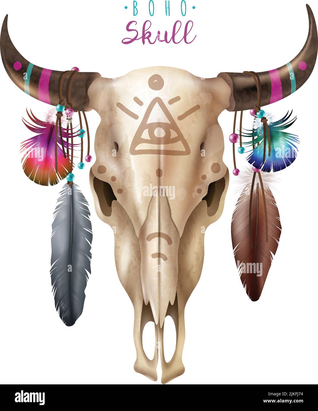 Realistischer Kuhschädel im Boho-Stil mit gemaltem Freimaurer-Symbol Hörner und Federn auf weißem Hintergrund Vektorgrafik Stock Vektor