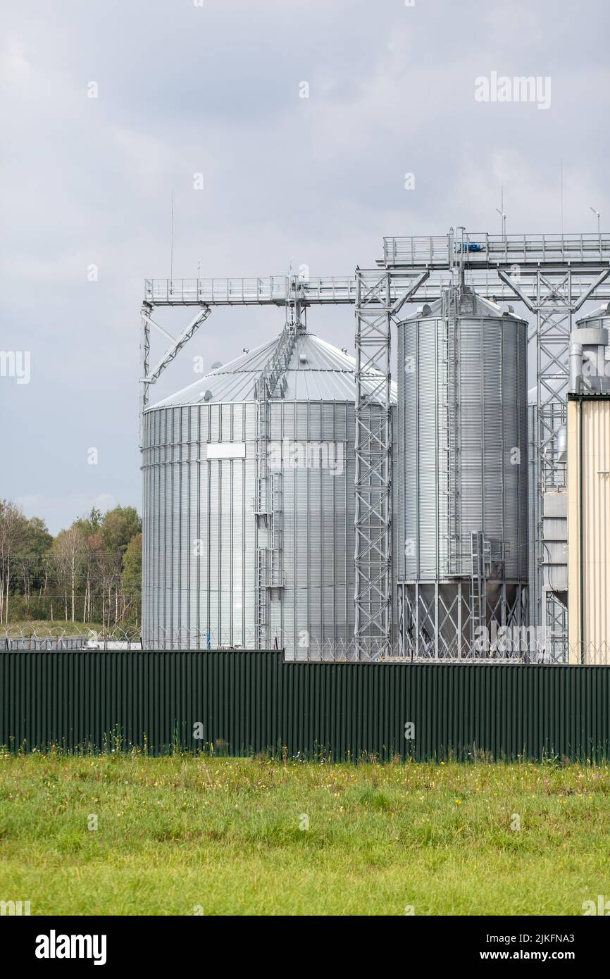 Moderne große Getreidespeicher Agro-Silos Aufzug auf Agro-Verarbeitungsanlage für die Verarbeitung Trocknung Reinigung und Lagerung von landwirtschaftlichen Produkten, f Stockfoto